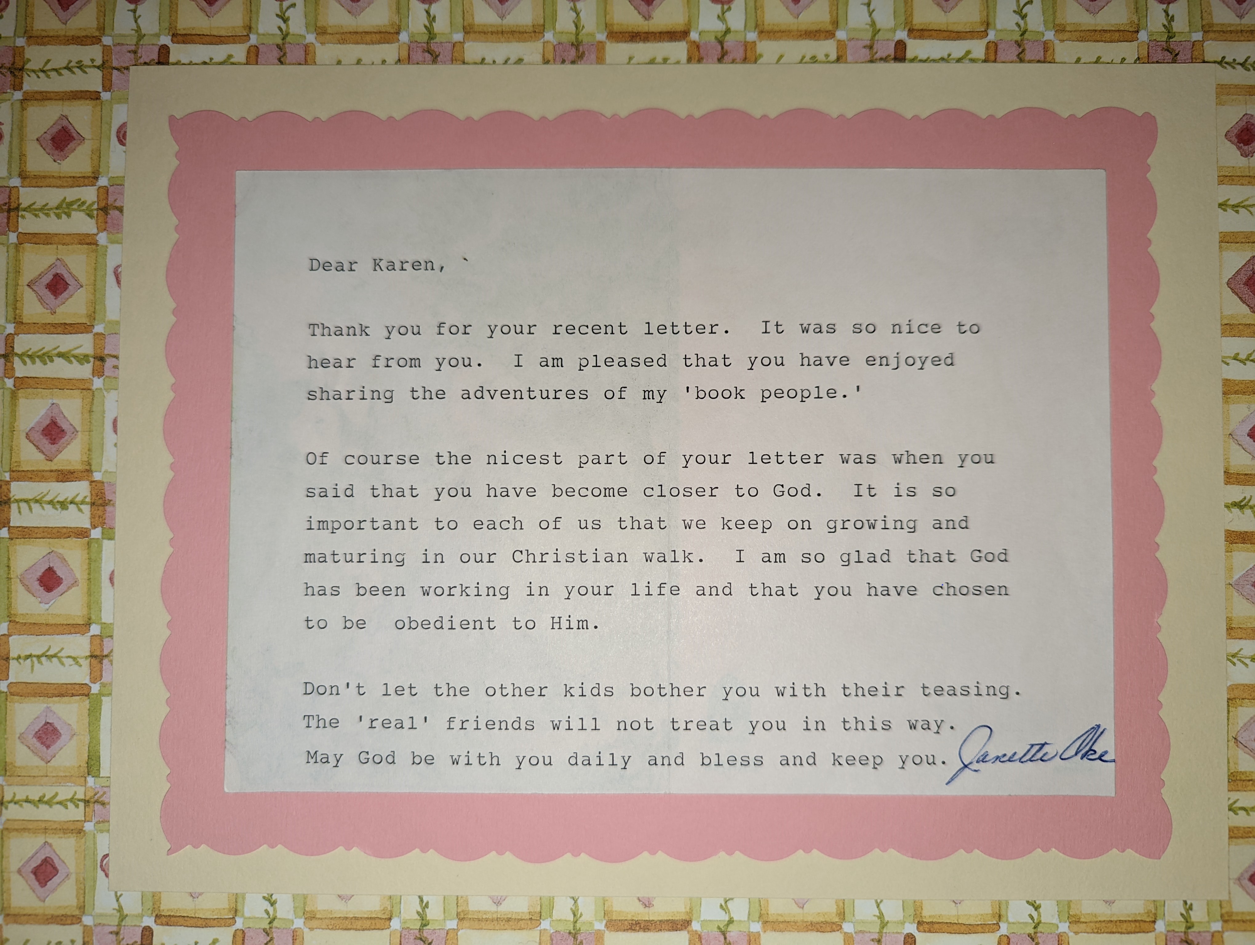 Fan Letter Response from Janette Oke