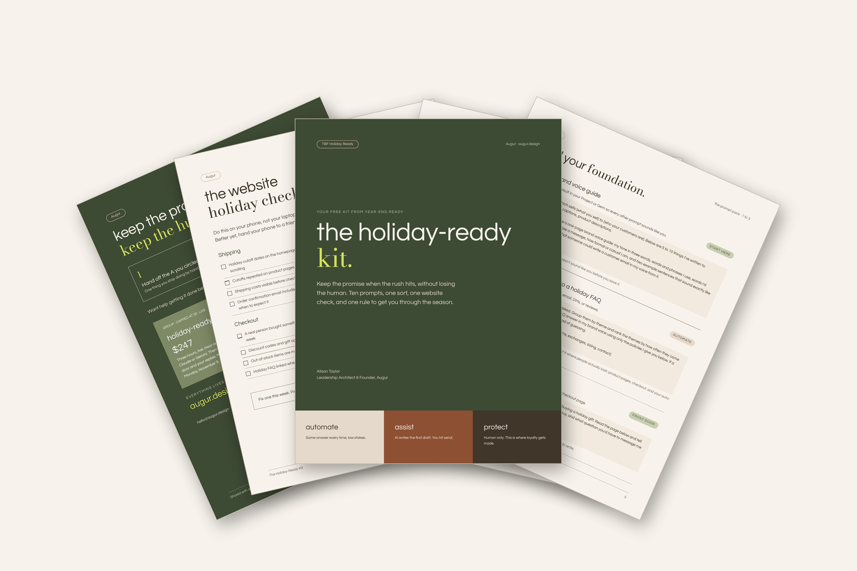 The Holiday-Ready Kit, pages fanned out with the green cover on top.