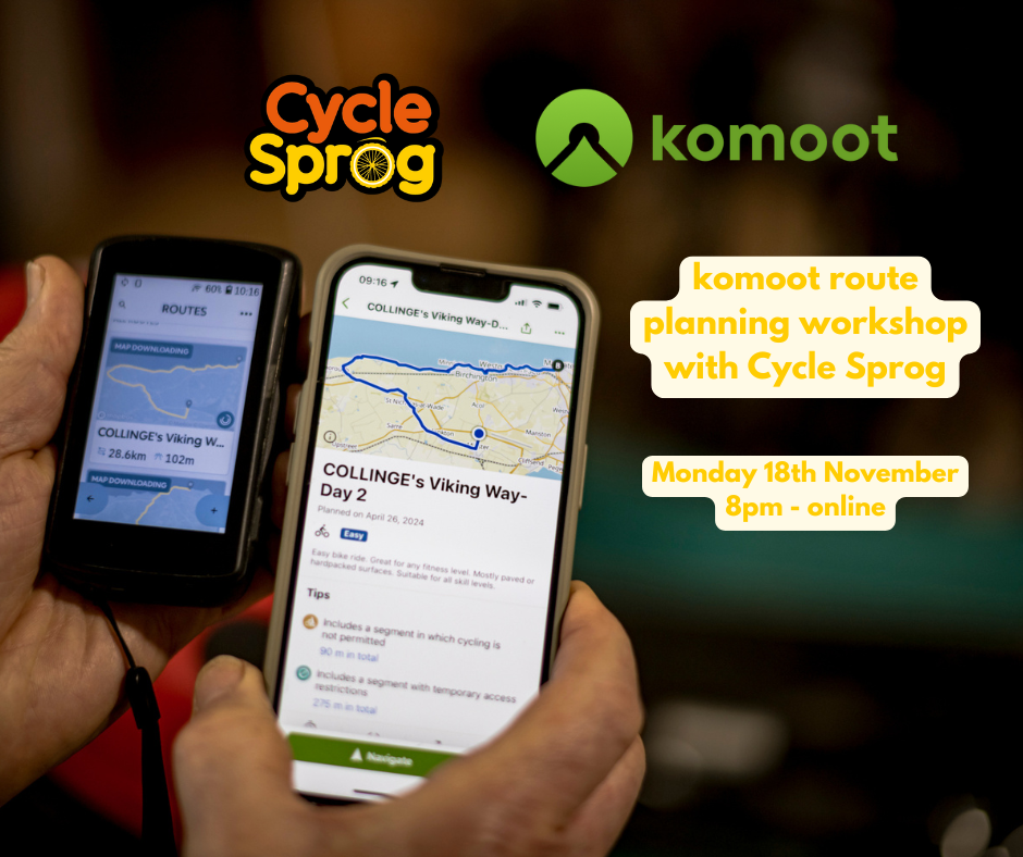 a mum is holding her bike up which is loaded with bikepacking bags, a macride seat and a trailer. her dog and son, holiding his balance bike are standing infront of her