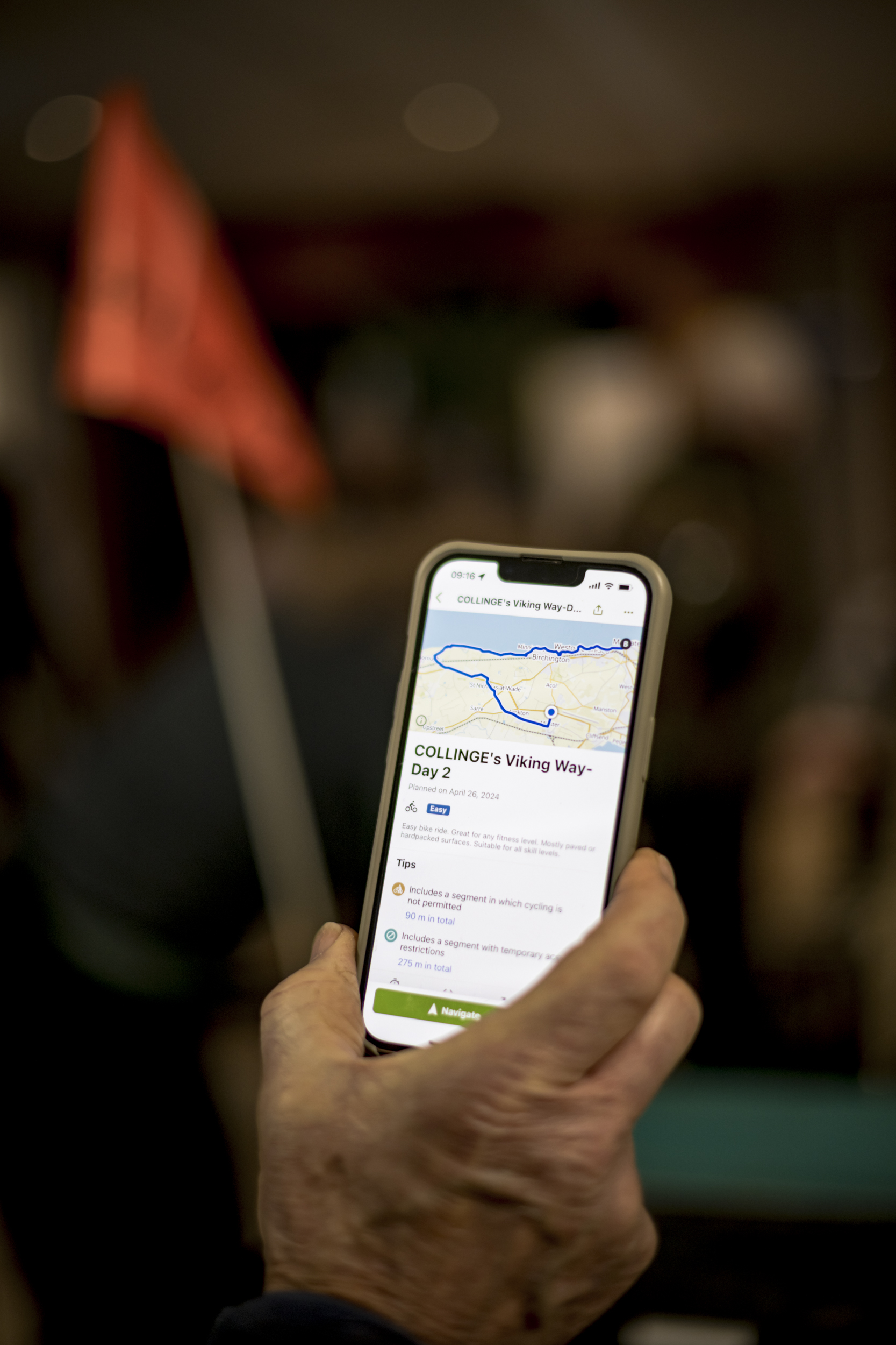 a phone showing a komoot route of the viking way