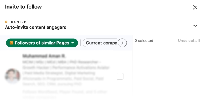 LinkedIn Premium feature showing invites to people who follow similar pages