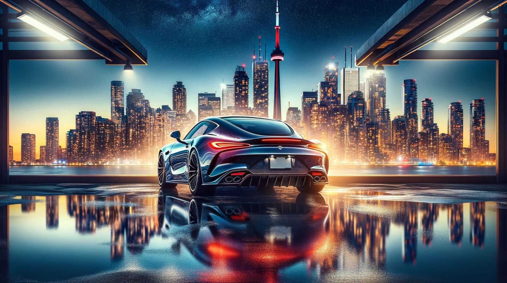 Stunning car after top-notch detailing in Toronto, shining under the city lights, symbolizing premium automotive care.