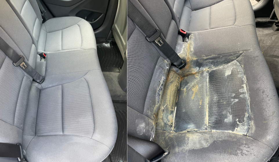 Before and after images of a fabric car seat, showcasing the remarkable transformation following a steam clean by Top Choice Car Detailing - left side displays the pre-cleaned seat with visible stains and dirt, right side reveals the seat's pristine condition post-cleaning.