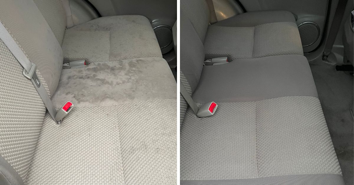 Before and after fabric seat shampoo, transforming stained and dirty car seats into a pristine, fresh-looking interior