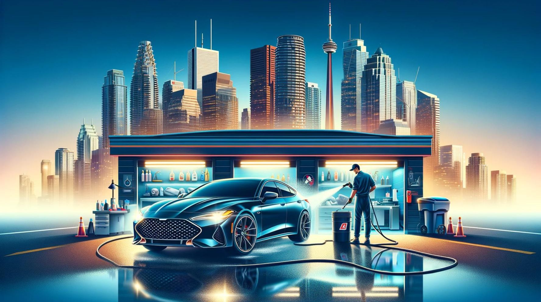Sleek car receiving premium auto detailing in Mississauga, showcasing the meticulous care and expertise with the city's landmarks subtly in the background.