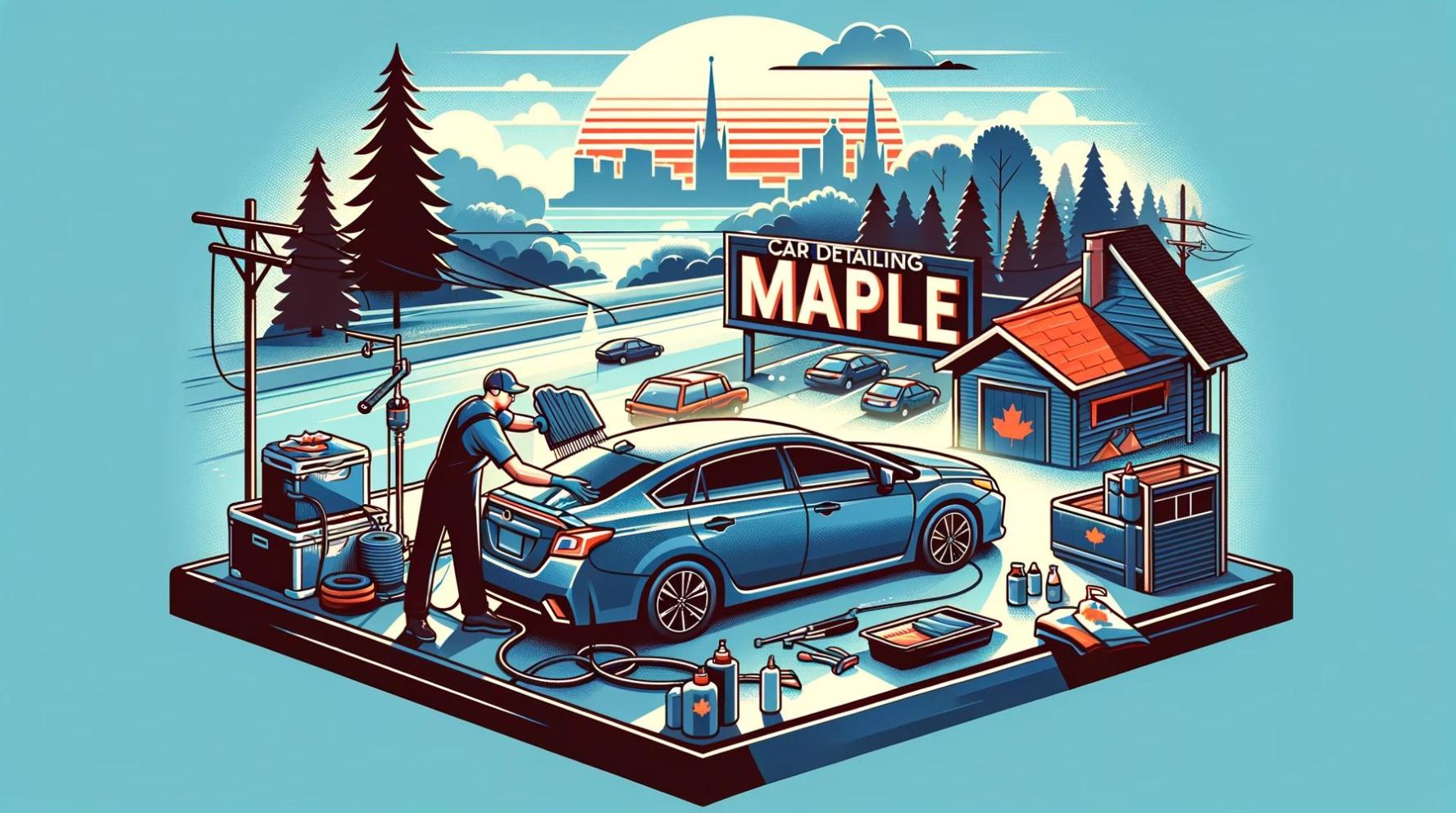 Professional mobile car detailing service in action in Maple, showcasing a vehicle receiving meticulous care with the scenic backdrop of Maple's natural beauty.