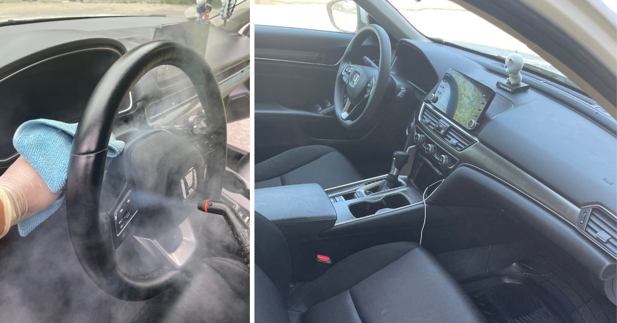 Professional steam cleaning service rejuvenating the interior of a car, ensuring a thorough cleanse and a fresh, hygienic finish.