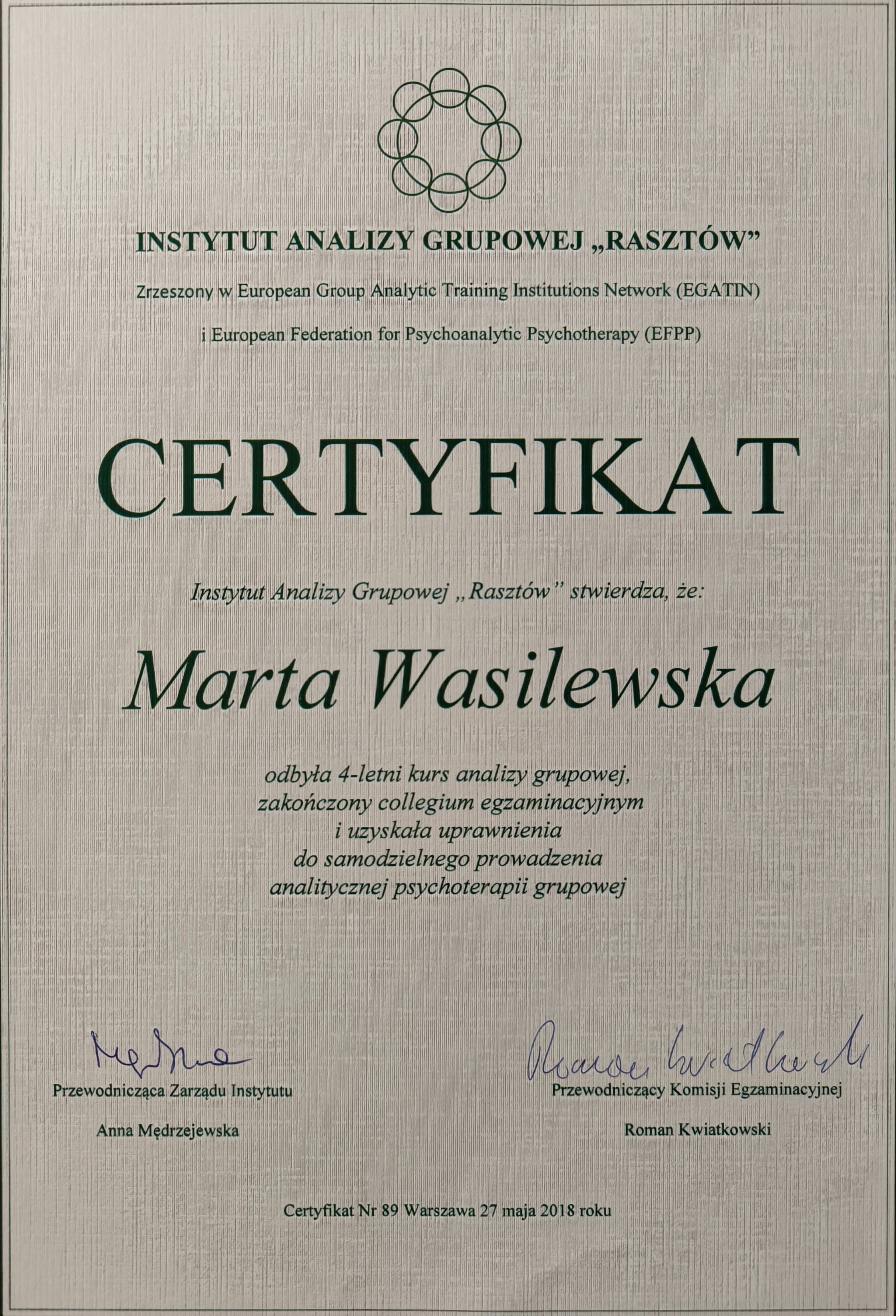 Certyfikat potwierdzający ukończenie szkolenia z zakresu psychoterapii psychodynamicznej przez Martę Wasilewską