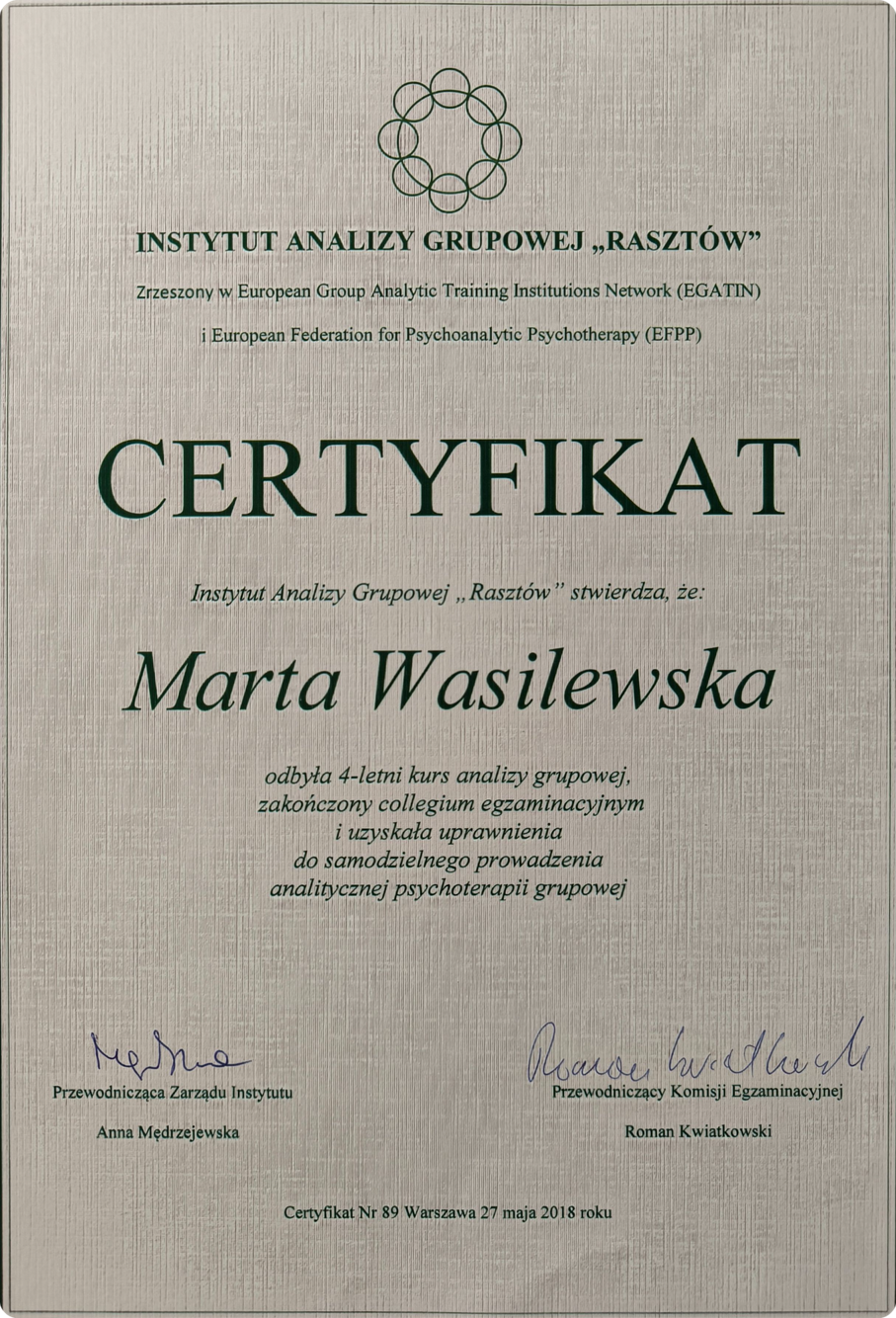 potwierdzający kwalifikacje Marty Wasilewskiej jako psychoterapeutki
