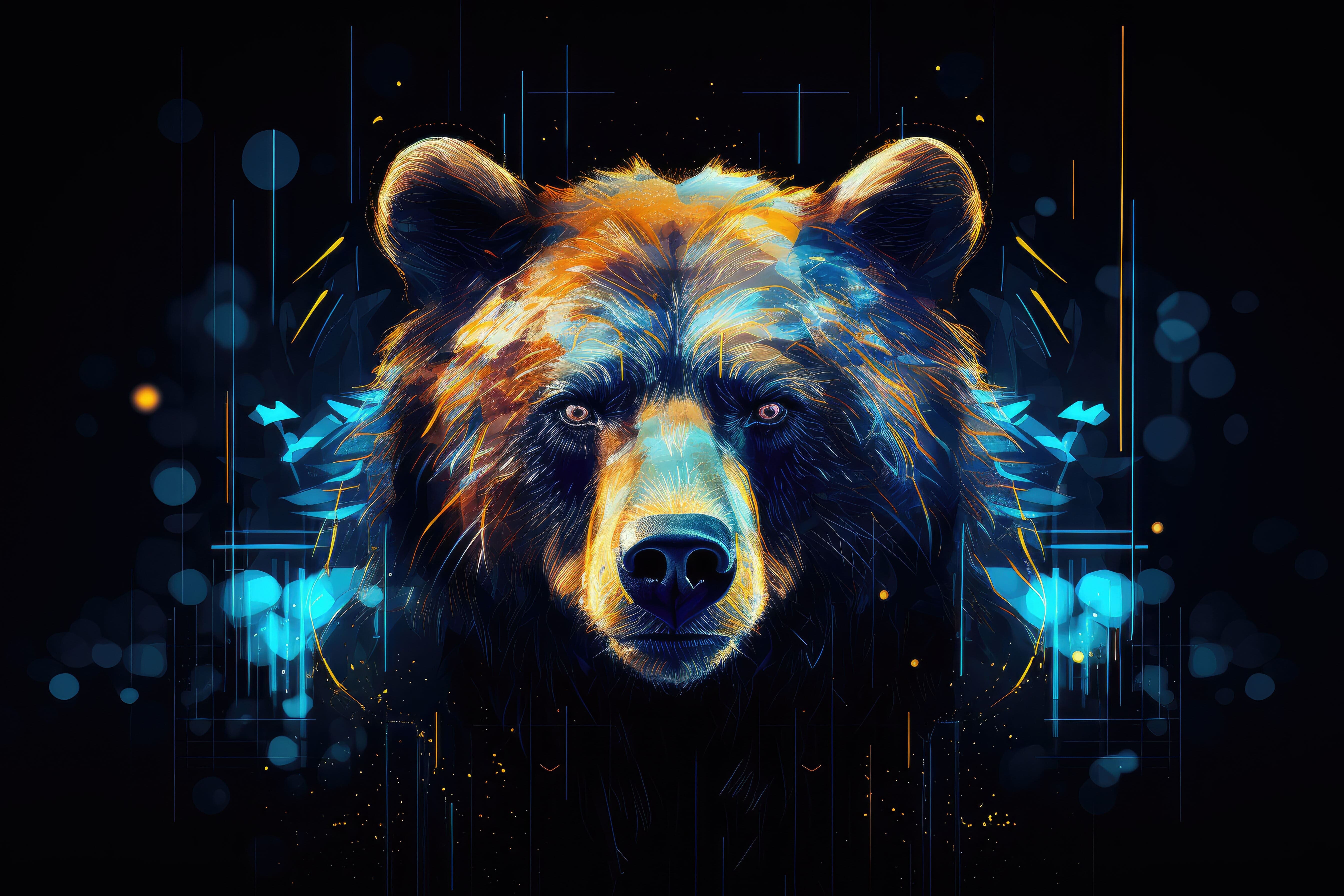 ai picture of stock market bear peering in through a window like setting, black background with blue and brown accents