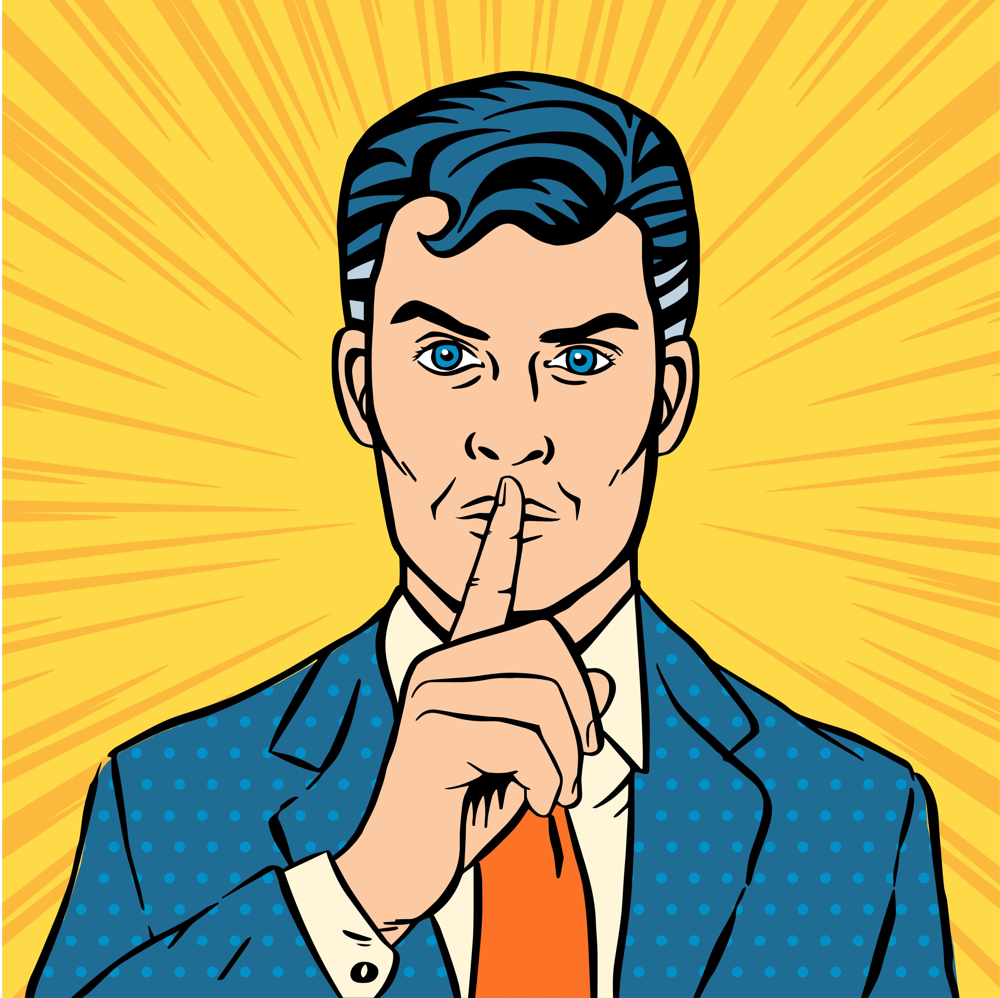 comic book drawing of businessman telling someone to be silent and holding his finger up to his mouth, yellow comic book background, silent layoffs, labor attrition, firing through attrition