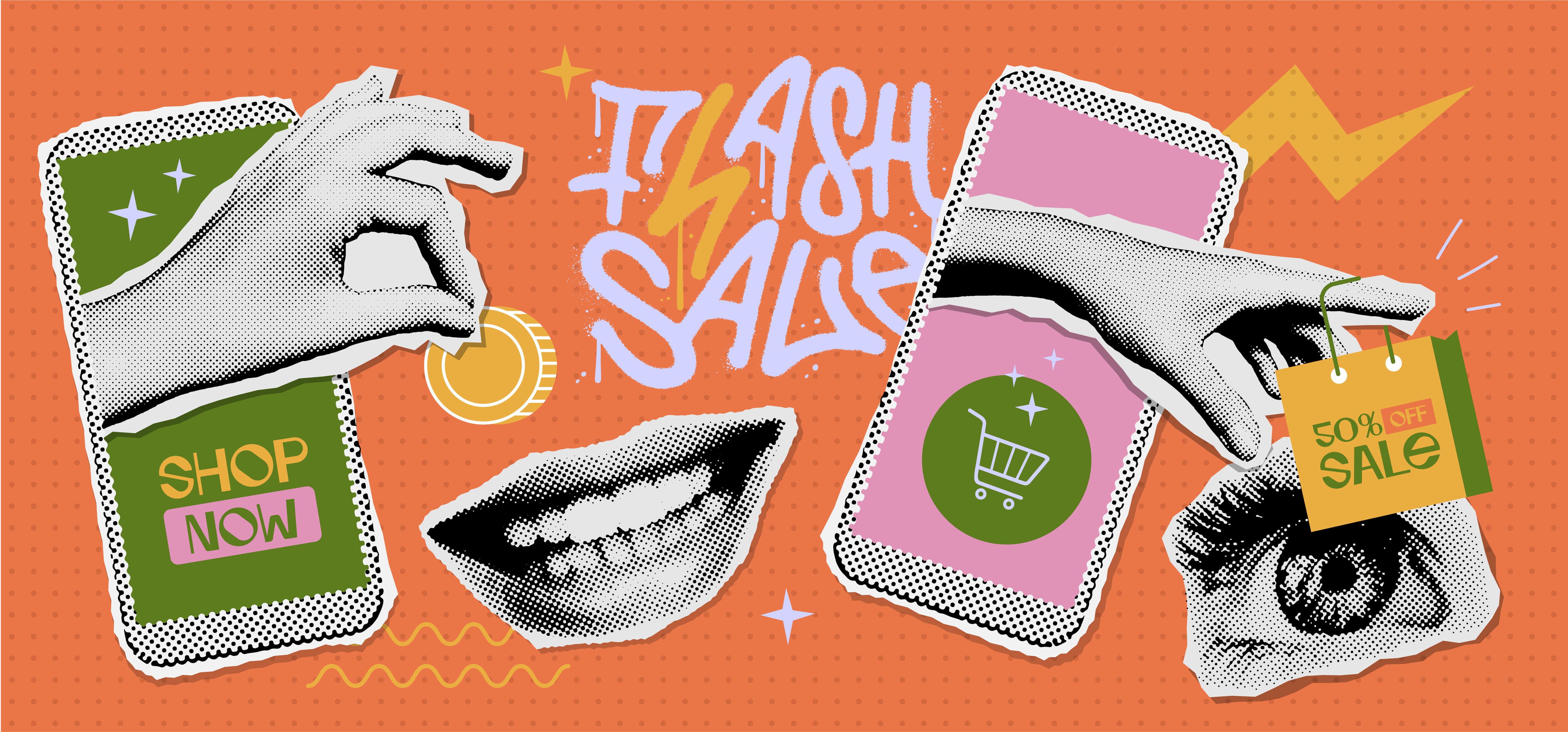 Set of retro halftone paper elements for collage. Online shopping or online sale concept stickers. Vector illustration with hand coming out of phone, giving money or taking paper bag.