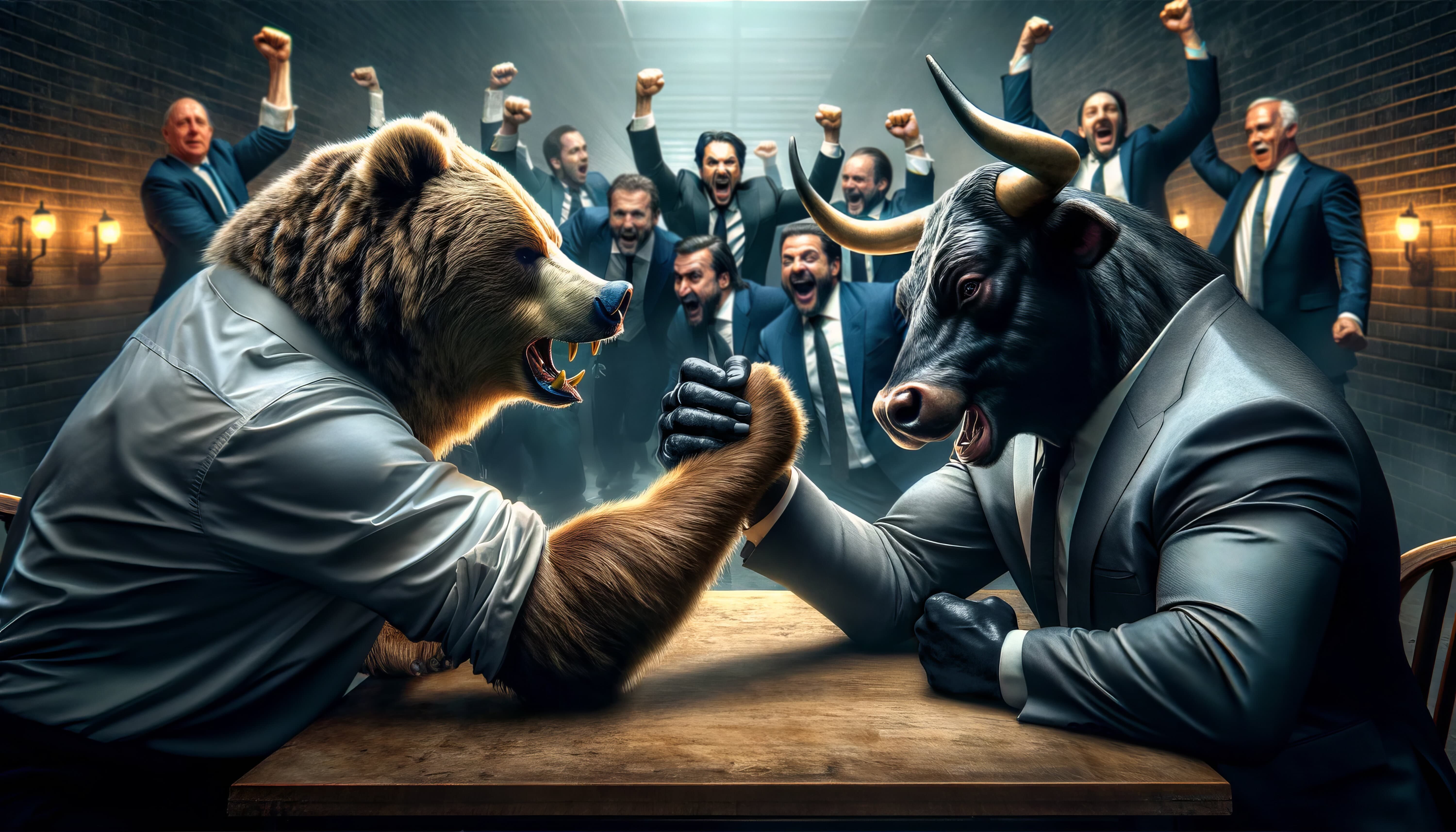 balance of power between bulls and bears, market consolidation, market bull and market bear arm wrestling on a table with Wall Street suits cheering in the background after placing their bets