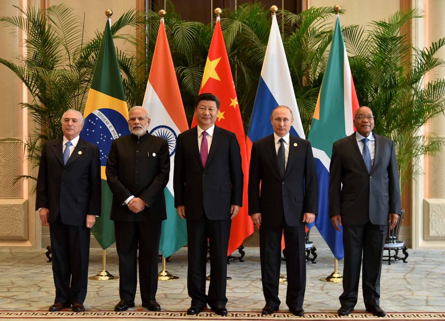 BRICS leaders at Johannesburg summit 2023, standing behind respective flags, plants in the background, Brazil, Russia, India, China, South Africa