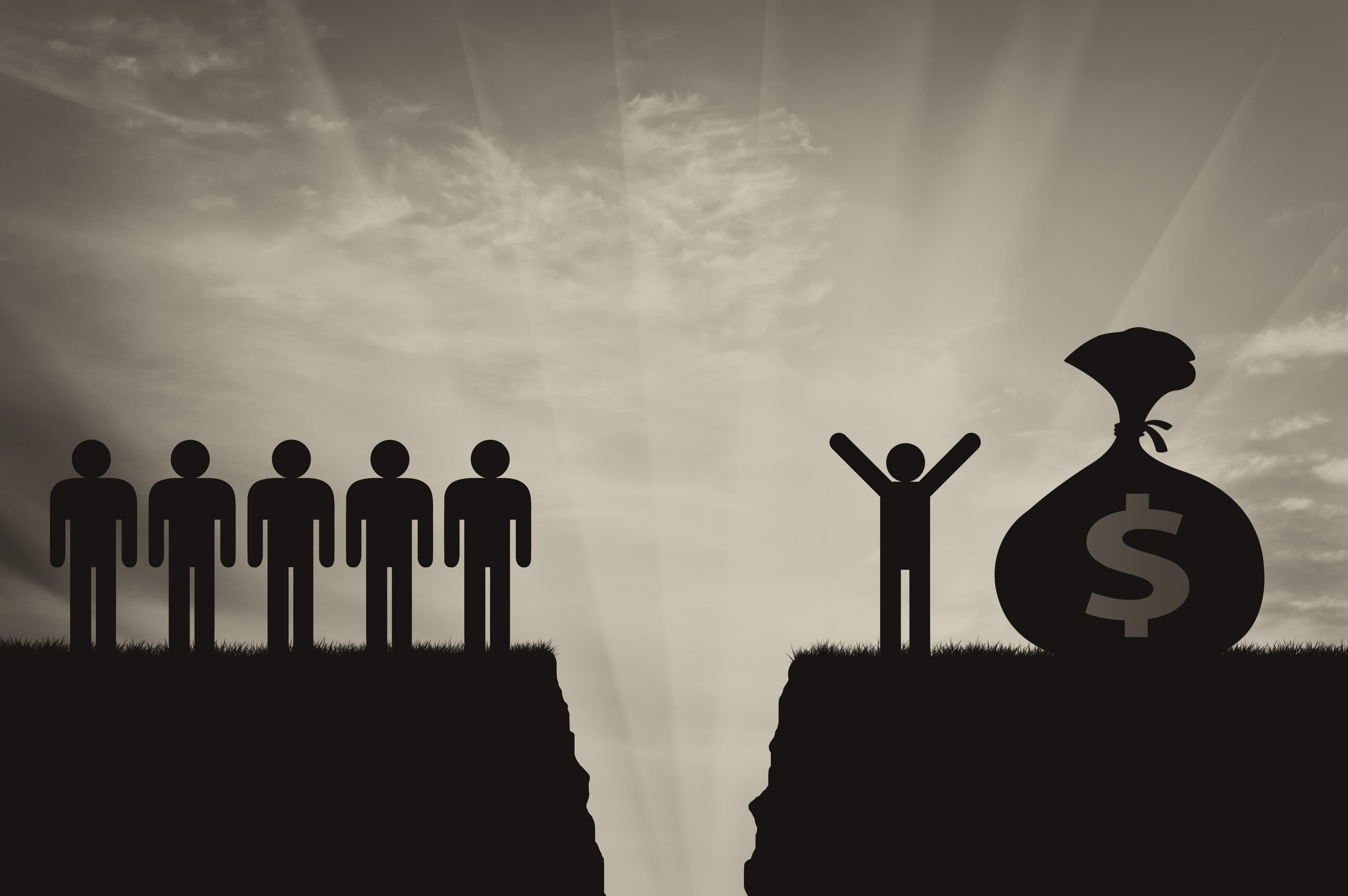 corporate and societal wealth gaps represented by one person on one side of a canyon with a large bag of money and the other side showing the majority with no money, sunlight shinging through gap with sky as the backdrop