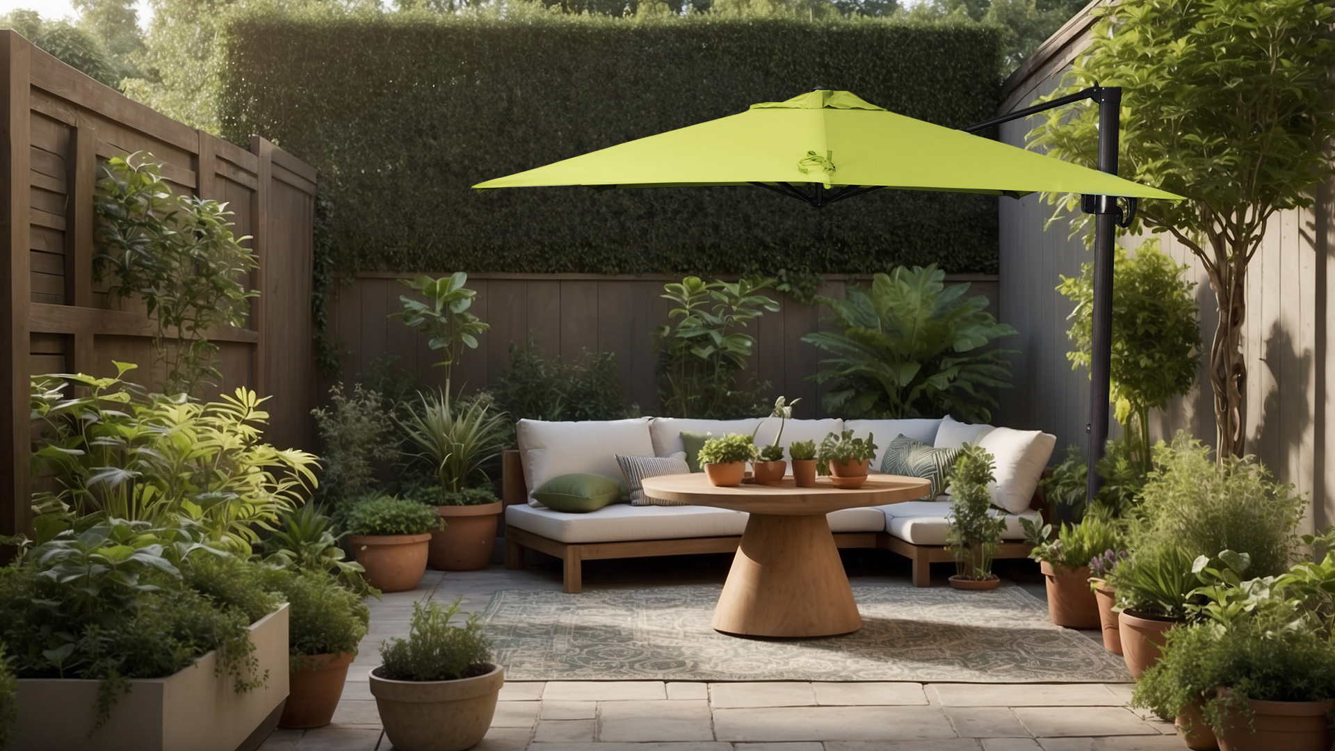 Outdoor patio with a CALI Series umbrella featuring vibrant Sunbrella Parrot fabric, shading a cozy seating area surrounded by lush greenery and potted plants, creating a serene garden atmosphere.