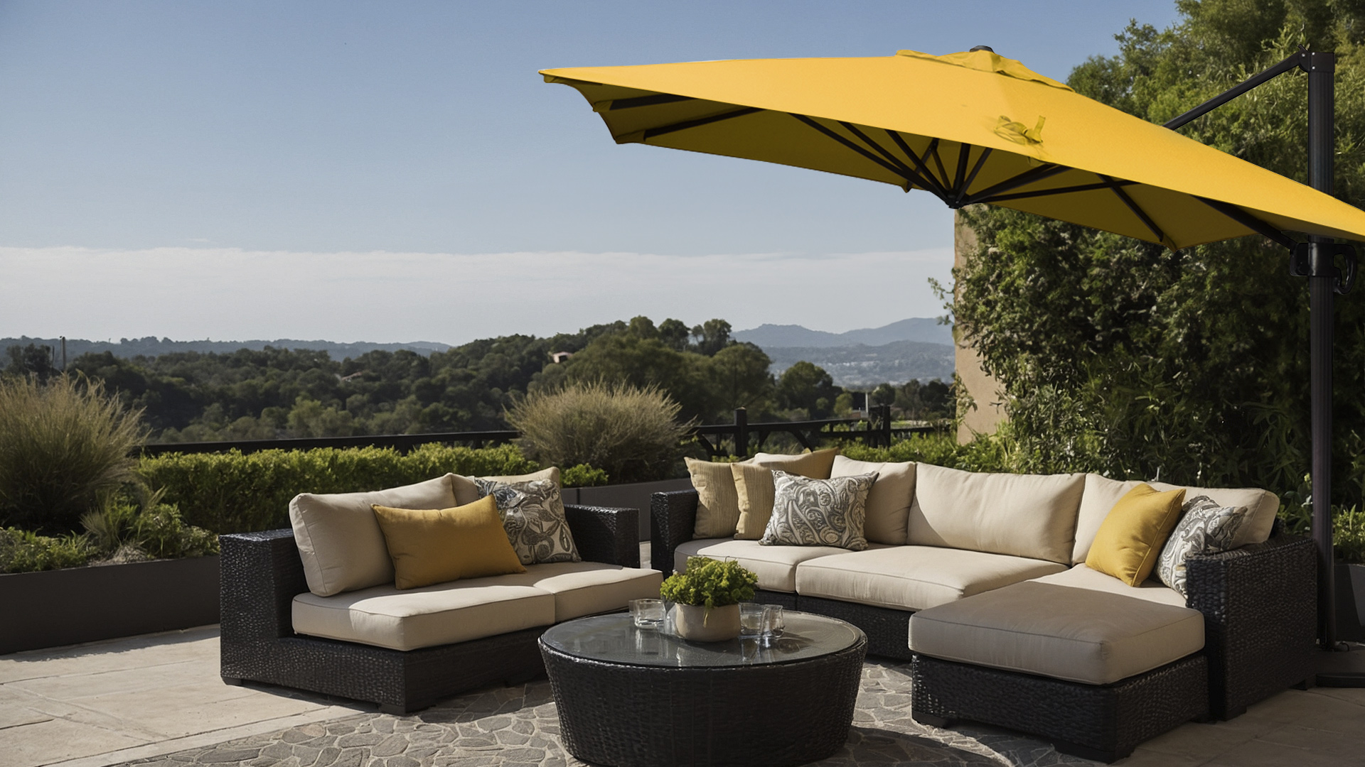 Outdoor patio with a CALI Series umbrella featuring Sunbrella Sunflower Yellow performance fabric, shading a comfortable seating area with plush cushions and stylish decor, set against a scenic landscape.