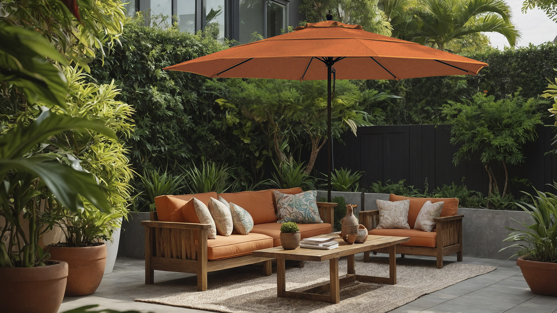 A California Umbrella Venture Series commercial-grade patio umbrella with an orange Sunbrella canopy, providing stylish shade over a modern outdoor seating area.