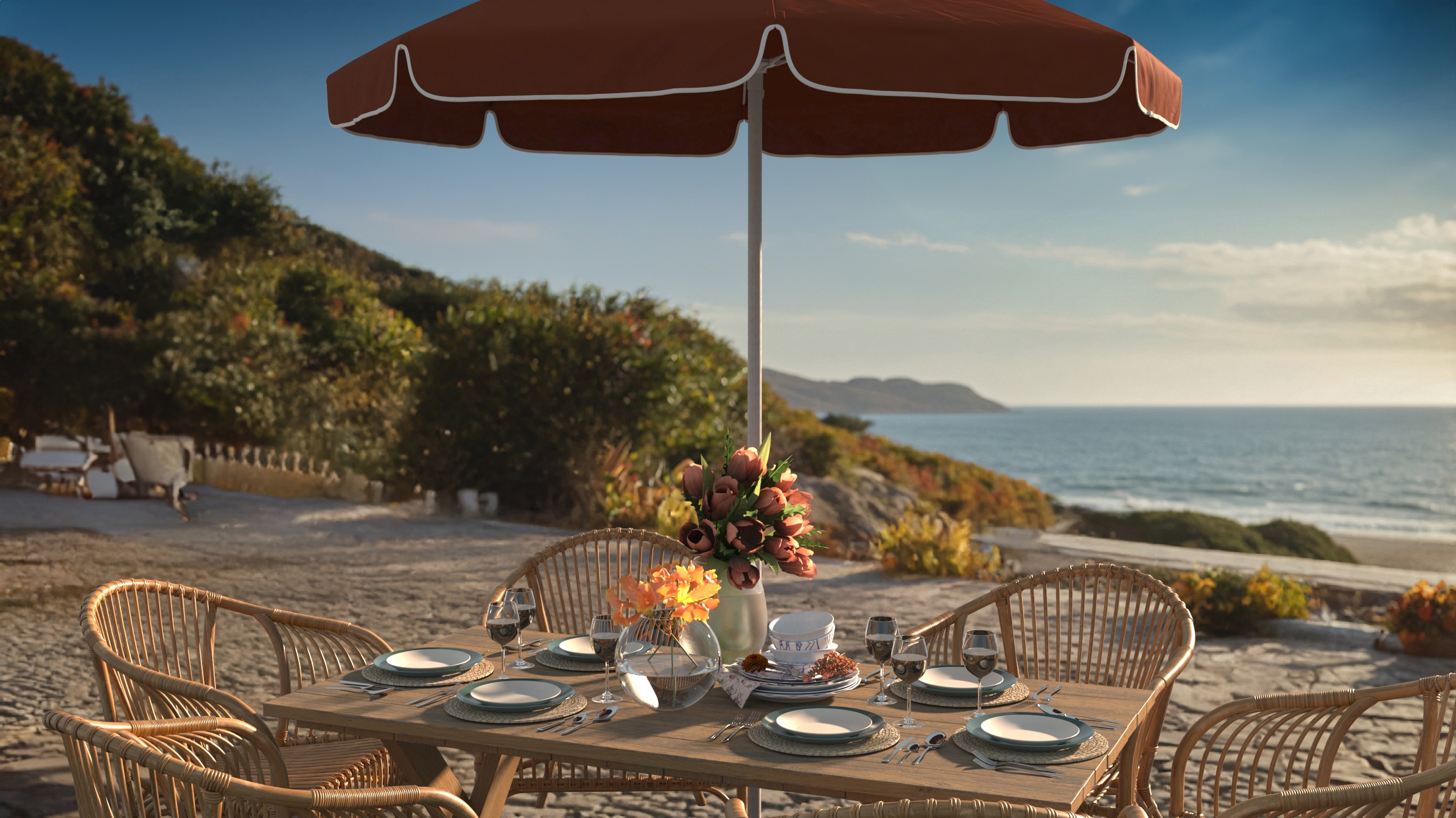 Brown California Umbrella with Sunbrella fabric providing shade over a stylish coastal dining setup, complete with natural wicker furniture and a scenic ocean backdrop, creating a luxurious outdoor dining experience by the beach.