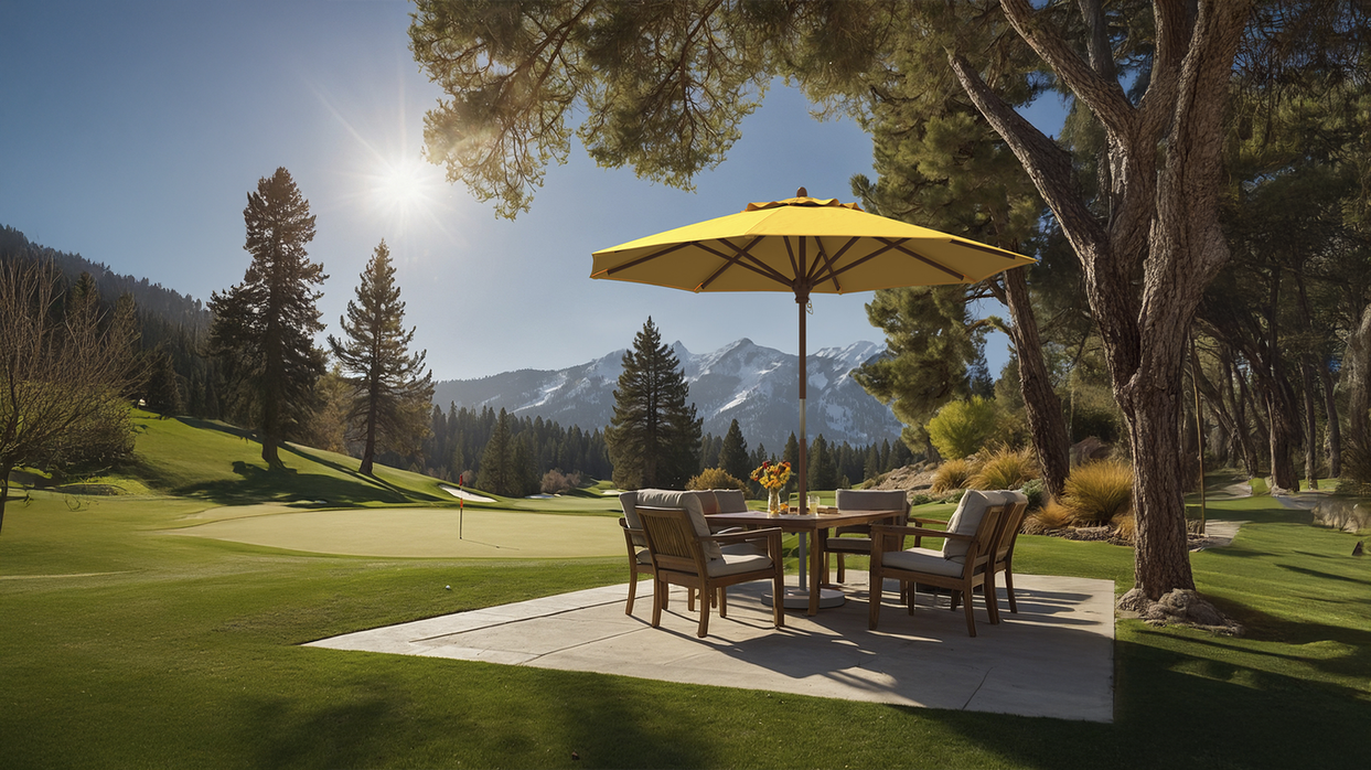 Outdoor dining set shaded by a vibrant yellow Grove Series patio umbrella, overlooking a scenic golf course surrounded by lush trees and majestic mountains under a clear blue sky.