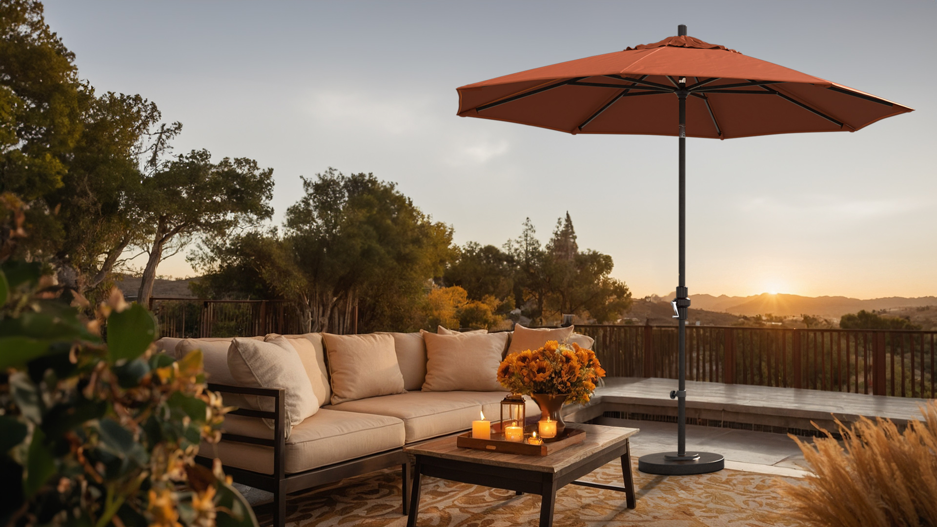 A cozy outdoor patio setup featuring the Golden State Series California Umbrella with Sunbrella fabric in a warm, tangerine hue. The umbrella provides stylish shade over a comfortable seating area, accented with soft cushions and fall-inspired décor, as the sun sets in the background.