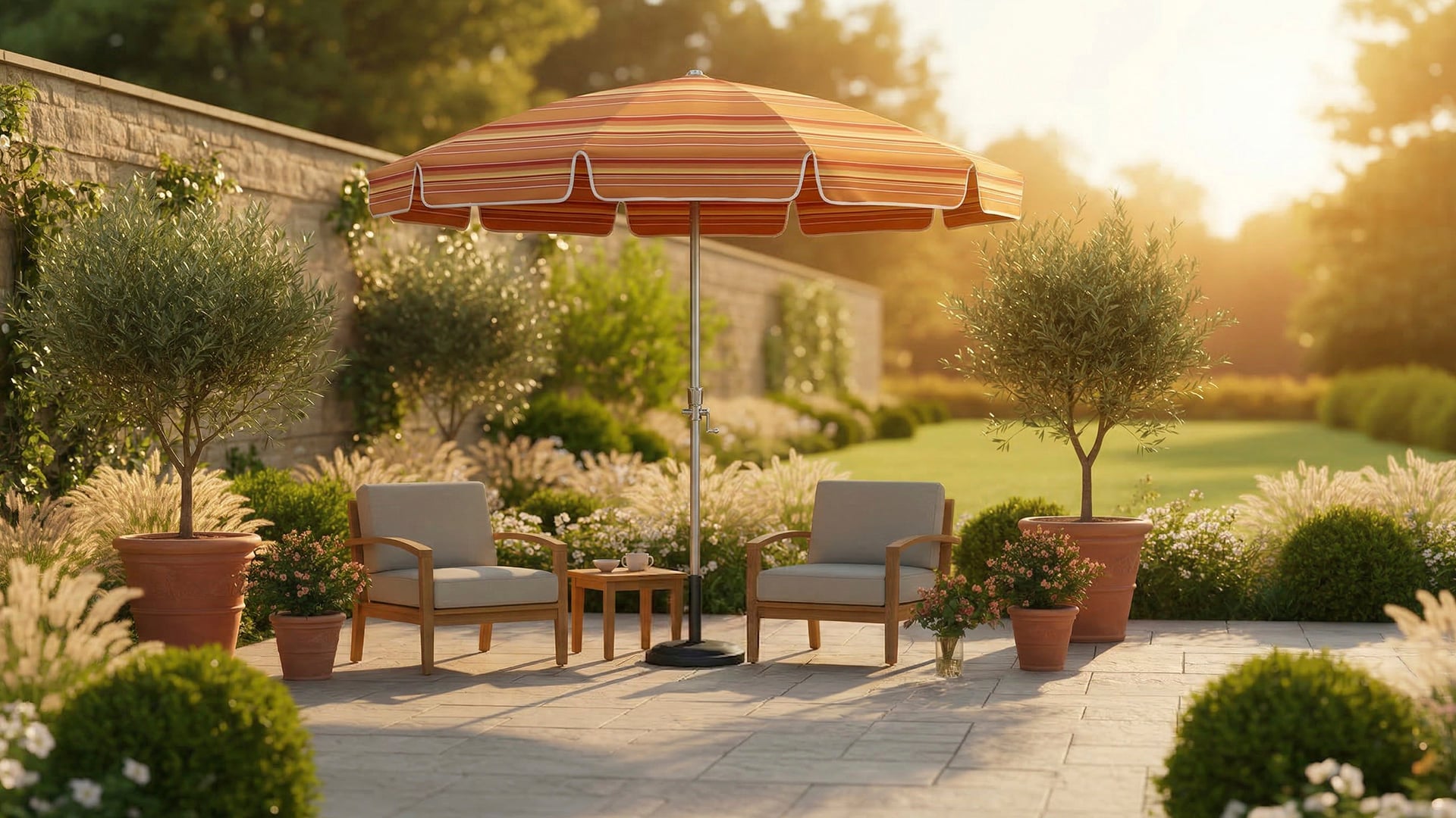 California Umbrella Shade Legacy patio umbrella in an outdoor seating area, showing the refreshed style, shade, and performance of a replacement umbrella.