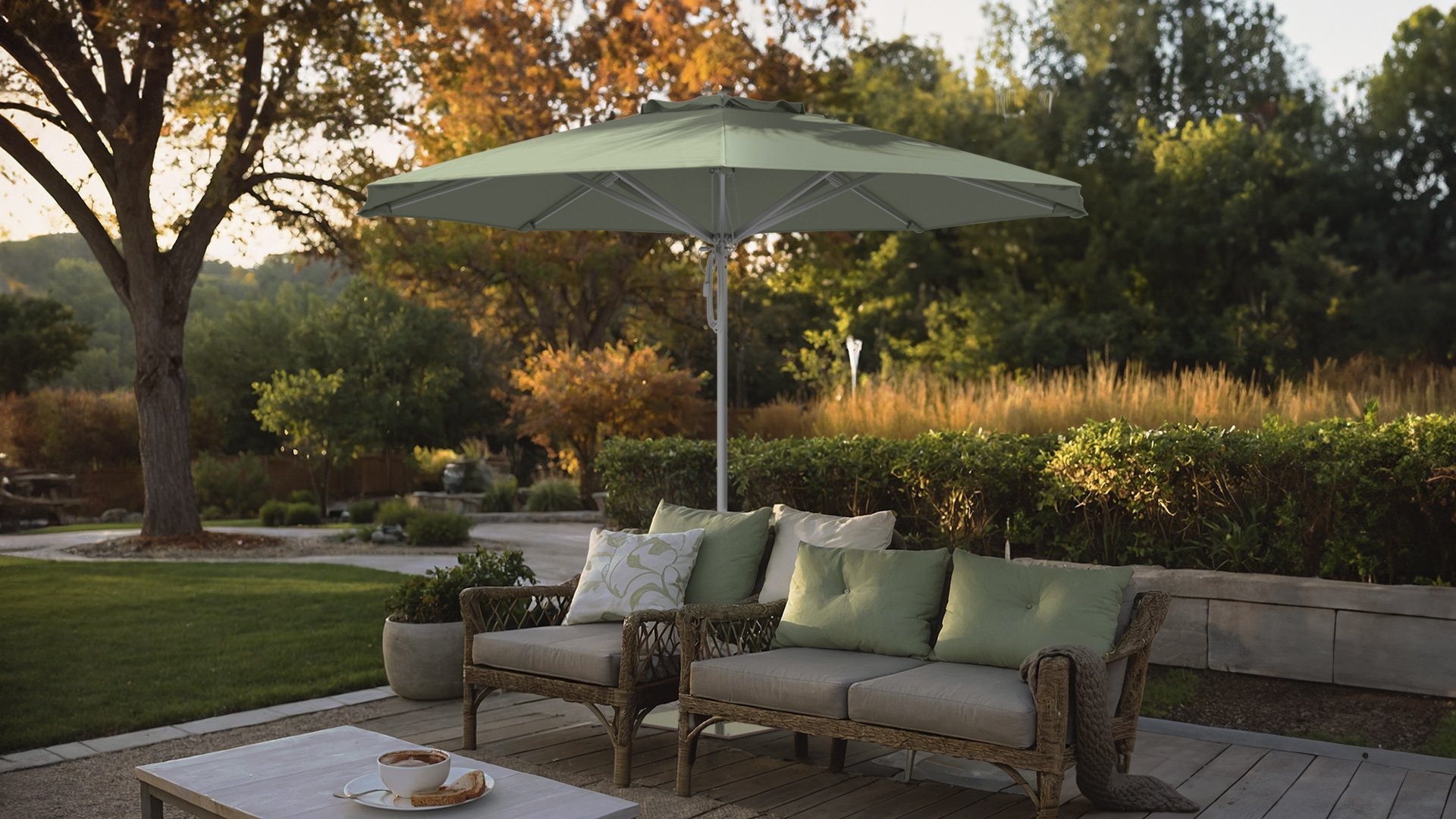 Outdoor seating area with a green Rodeo Series umbrella over a cushioned wicker sofa, surrounded by autumn foliage.