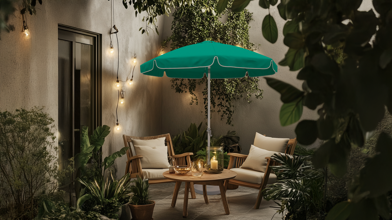 Cozy outdoor seating area illuminated by warm string lights, featuring a Shade Legacy Series patio umbrella with vibrant green fabric, creating a relaxing and inviting ambiance.