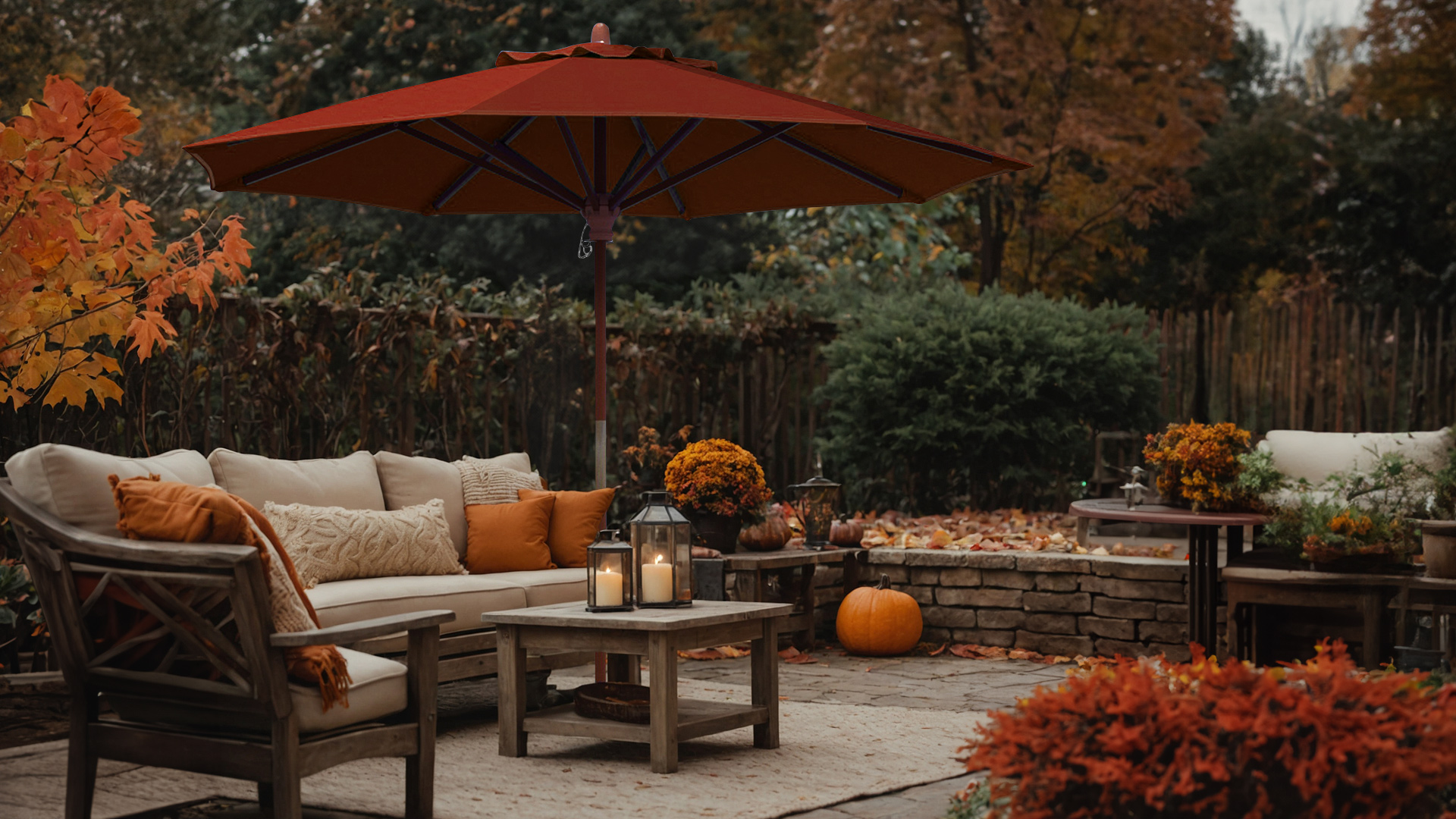 A California Umbrella commercial-grade patio umbrella with a Bay Brown Sunbrella fabric, set in a backyard decorated for fall. The umbrella provides shade over a dining table adorned with pumpkins and autumn leaves, with vibrant orange foliage in the background.