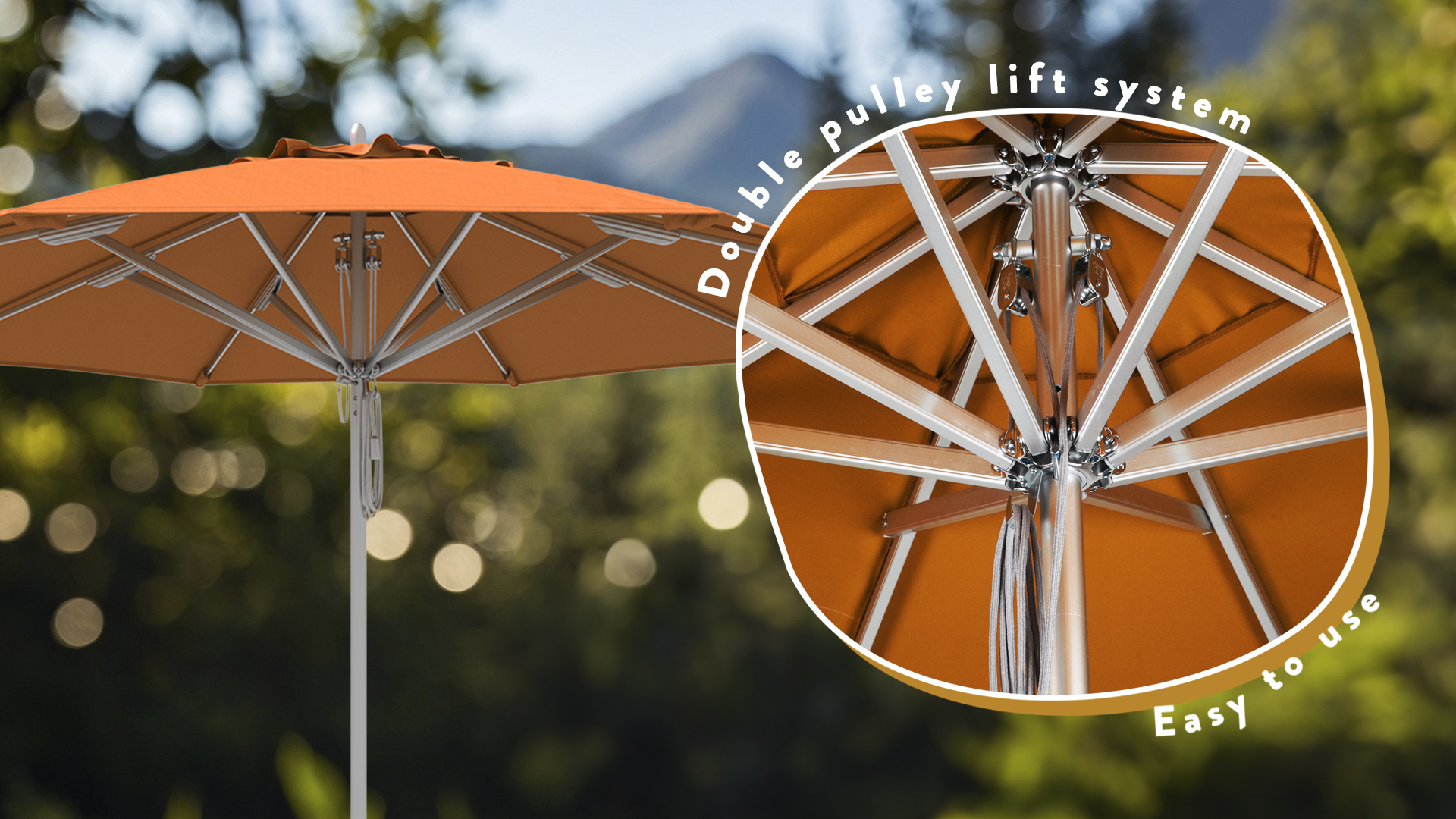 California Umbrella Rodeo Series umbrella with a Tangerine Sunbrella fabric canopy, showcasing its double pulley lift system for easy use and enhanced stability.