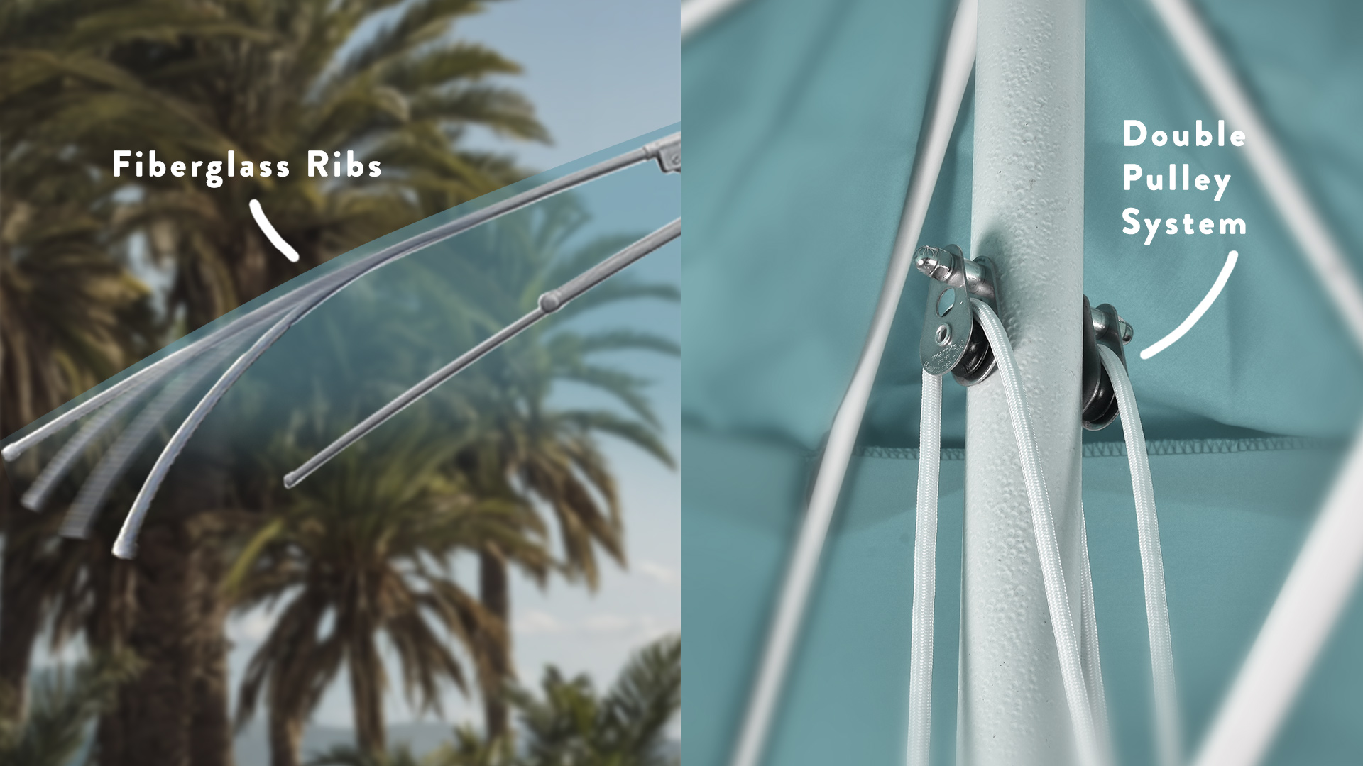 A detailed view of the California Umbrella Venture Series patio umbrella's strong fiberglass ribs and efficient double pulley system, ensuring stability and ease of use.