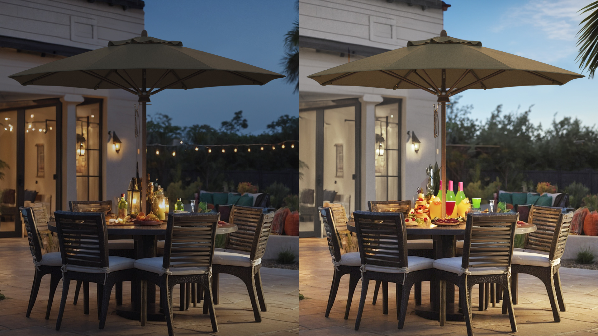 Patio scenes featuring the Madera Series Commercial Grade Patio Umbrella from California Umbrella.