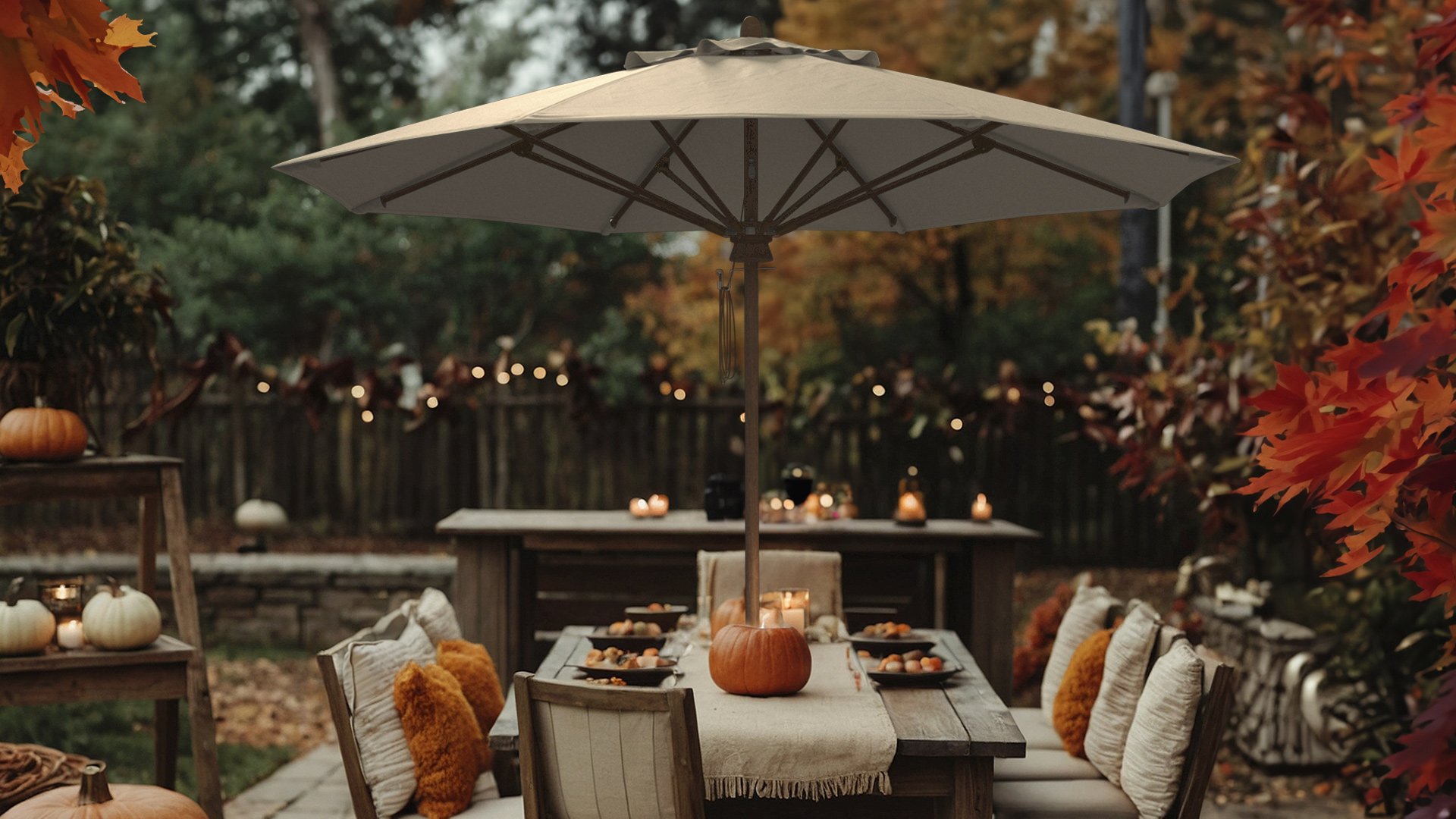 Elegant outdoor fall dining setup featuring the Madera Series patio umbrella by California Umbrella with a Sunbrella Canvas canopy, adding warmth and sophistication to a cozy autumn gathering.