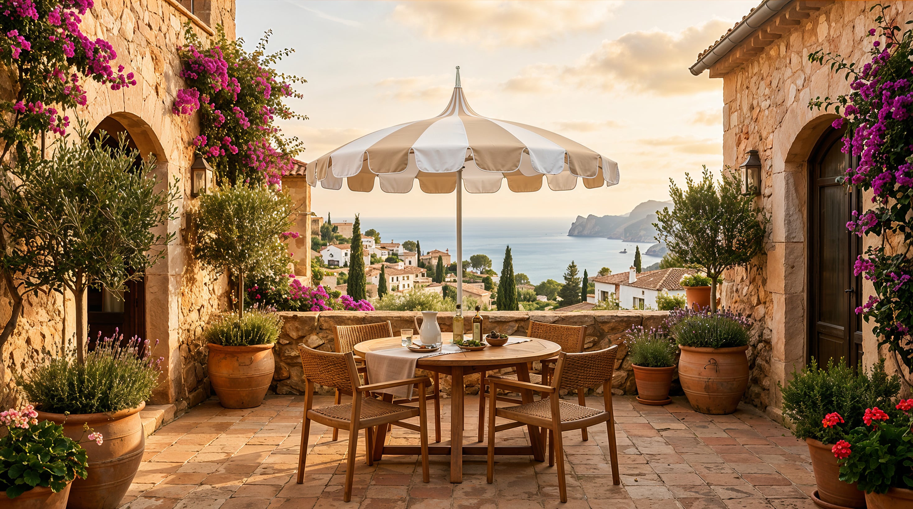 White California Umbrella Pagoda patio umbrella with Sunbrella fabric and black trim over a luxury poolside dining setup.