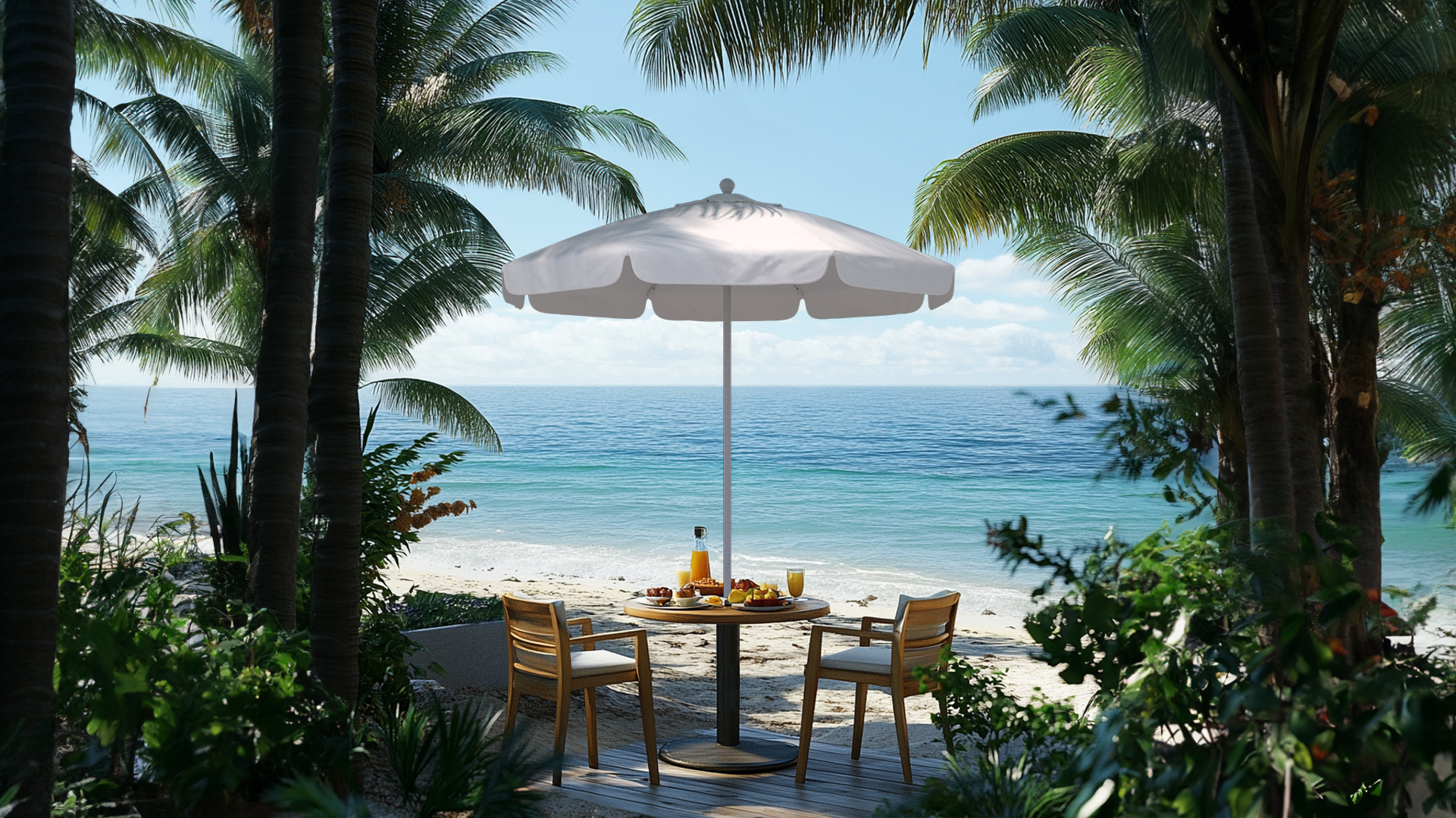 White Coast Series California Umbrella with Sunbrella fabric shading a tropical beachside breakfast setup, framed by palm trees and overlooking a serene ocean view, offering a tranquil and stylish outdoor retreat.