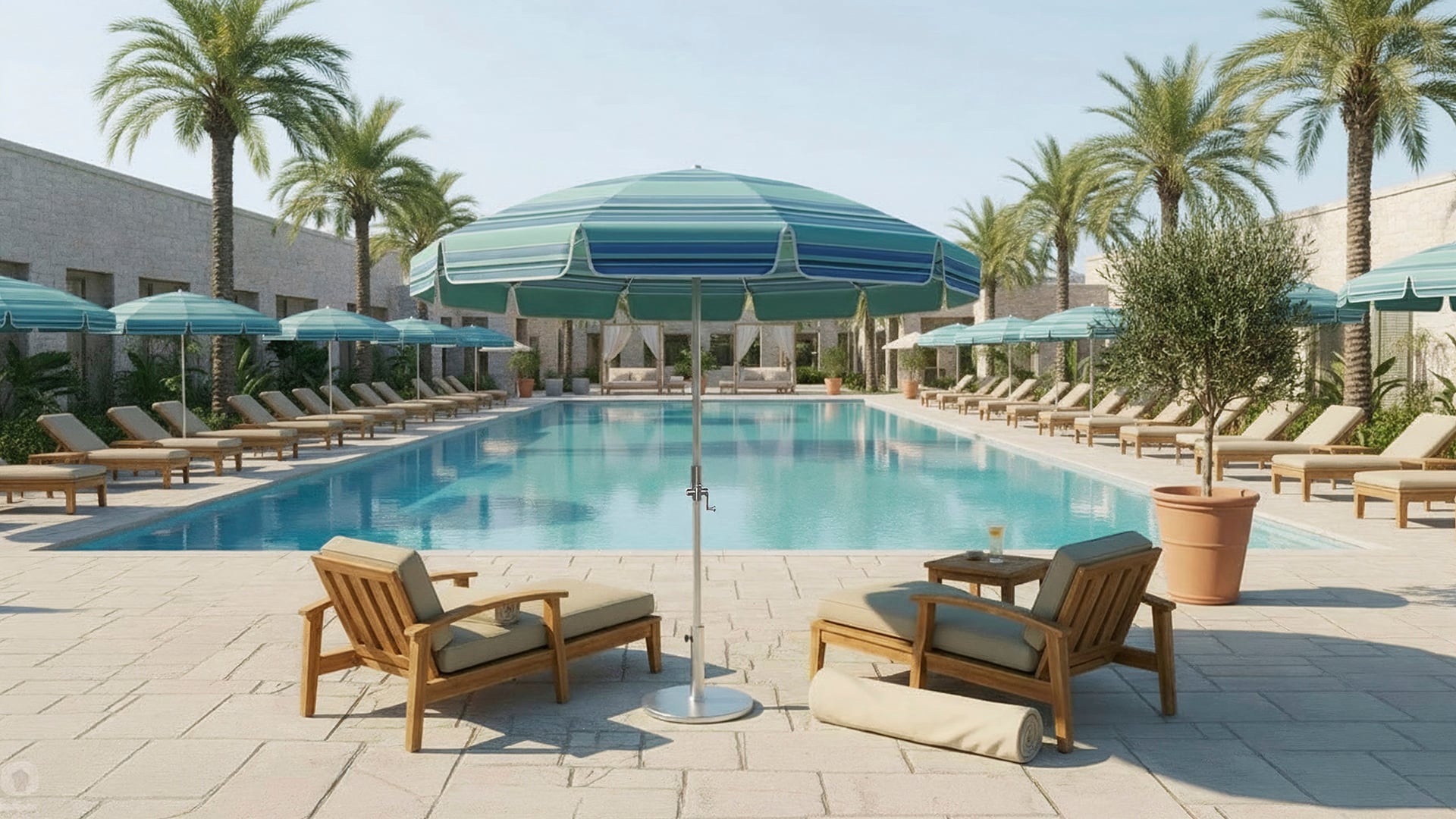 California Umbrella patio umbrella by a resort-style pool, showing durable shade for lounge seating and outdoor relaxation.