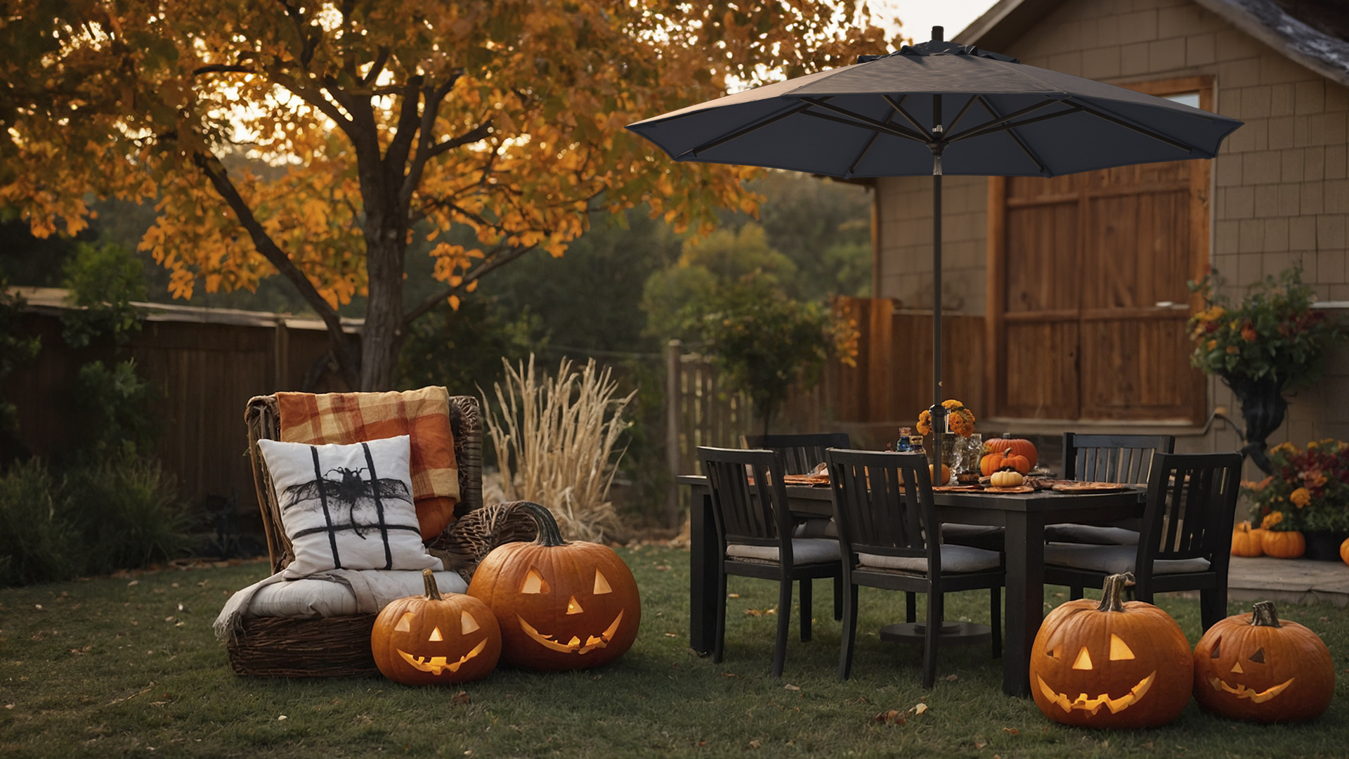 Cozy outdoor Halloween setup featuring California Umbrella’s Sunset Series in a dark shade, complemented by carved jack-o'-lanterns, festive pumpkins, and seasonal decor. A comfy chair with plaid and spider-themed pillows sits beside a rustic dining area, creating a warm autumn atmosphere under Sunbrella fabric.