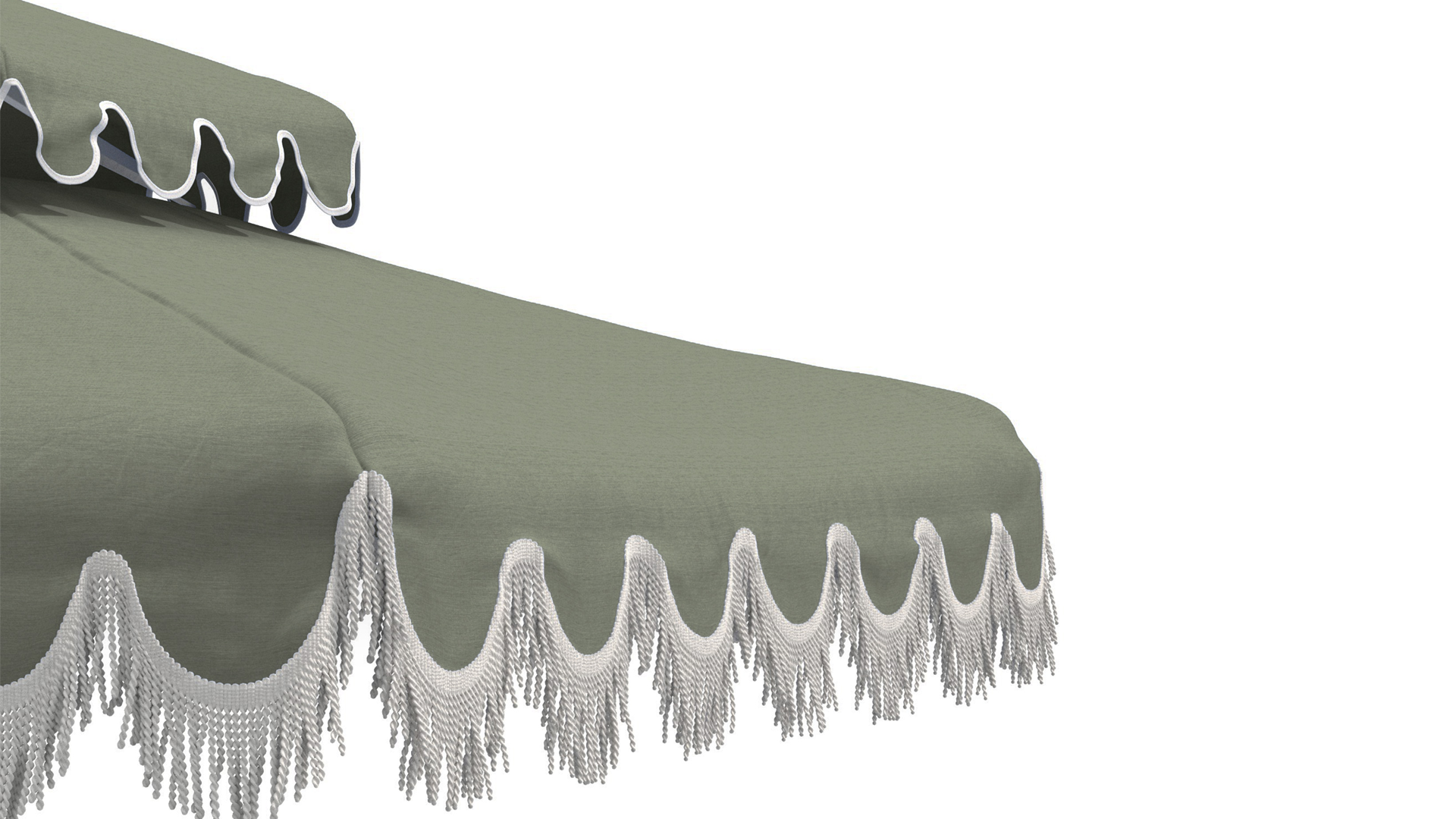 This image shows a full view of the California Umbrella Terrace Series double-tiered patio umbrella. The canopy, in Sunbrella Olive, is designed with scalloped edges and white tassel fringe, giving it a classic, sophisticated look. The umbrella has a decorative top layer that enhances its aesthetic, making it ideal for patios with a vintage or retro theme.