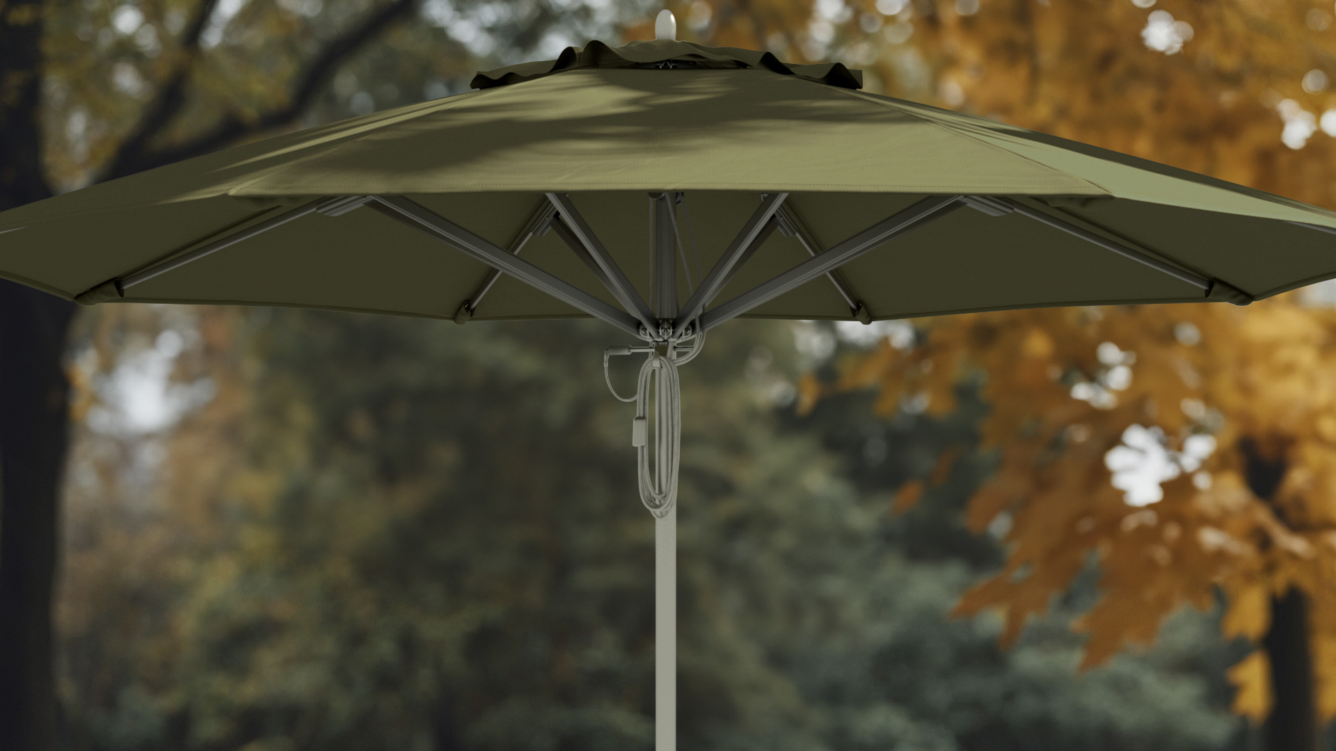 Close-up of the green Rodeo Series umbrella showcasing its robust aluminum frame and high-quality fabric canopy in a fall outdoor setting.