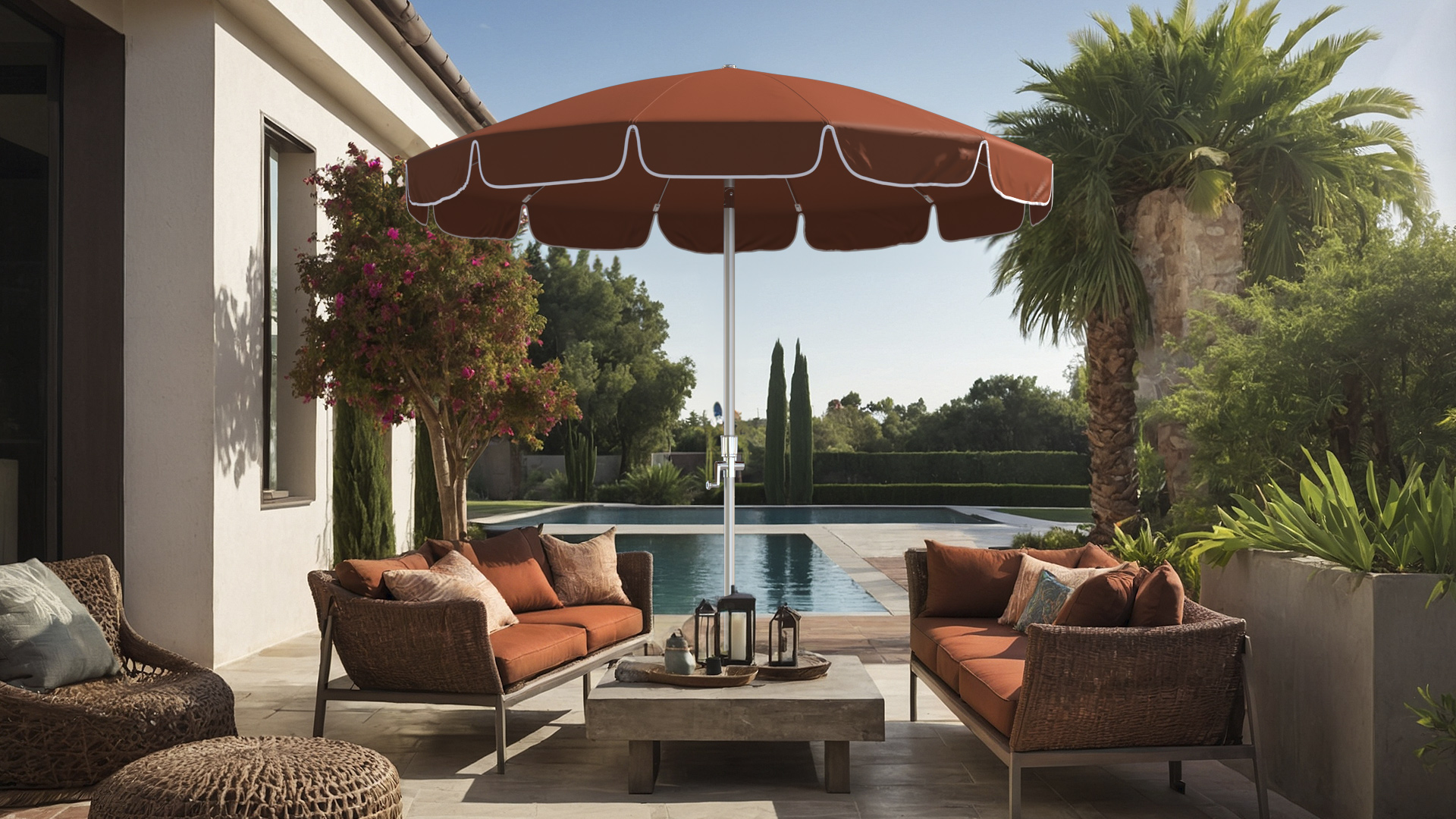 Elegant patio setup featuring a California Umbrella with Sunbrella Henna fabric, adorned with fringe details, providing stylish shade and enhancing the outdoor ambiance. The Shade Legacy Series by California Umbrella offers premium durability and a timeless look, perfect for any backyard or poolside retreat.