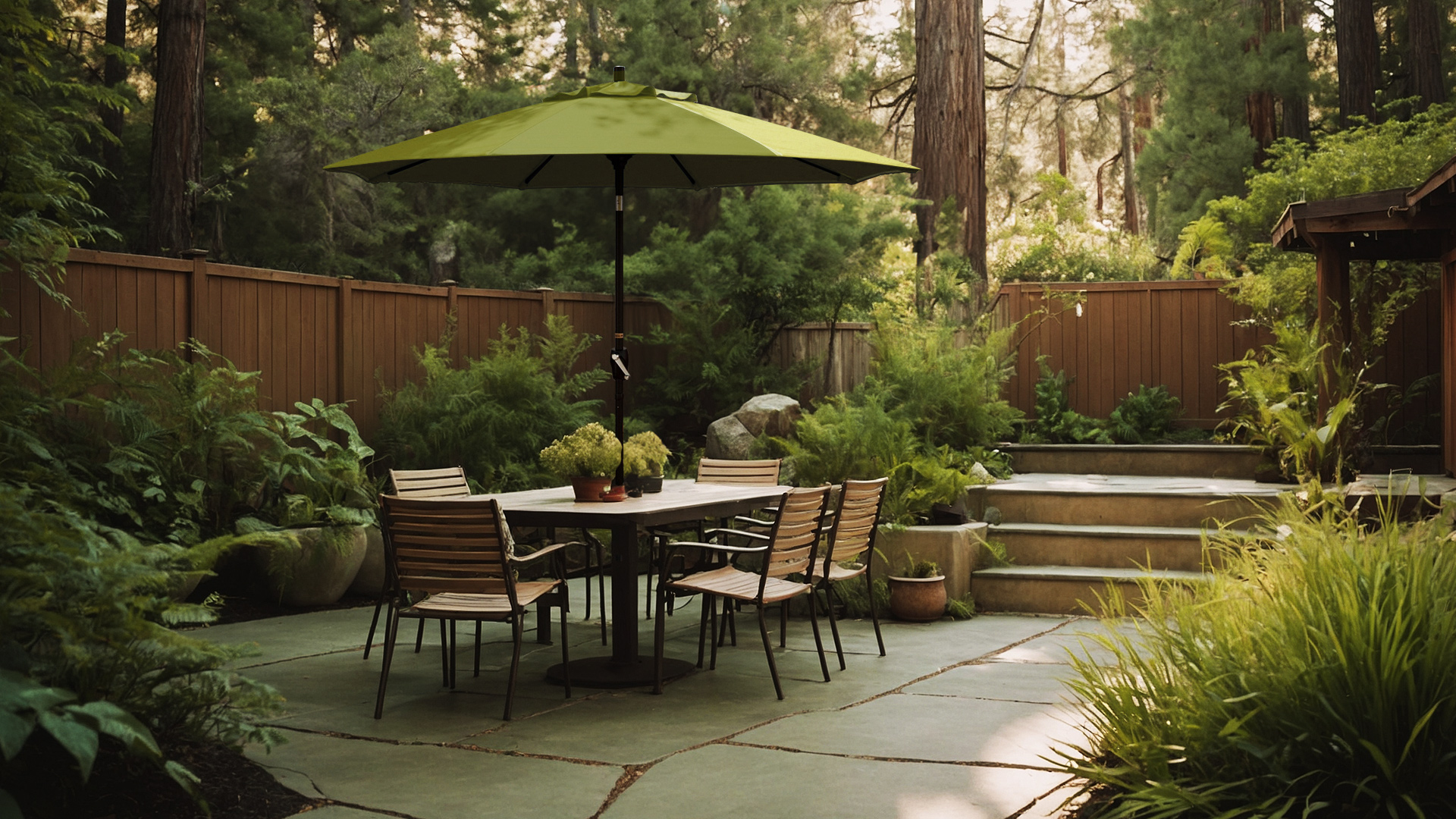 A Pacific Trail Series umbrella in a serene backyard setting, featuring a green canopy and a sturdy bronze pole, surrounded by lush greenery and wooden fences.