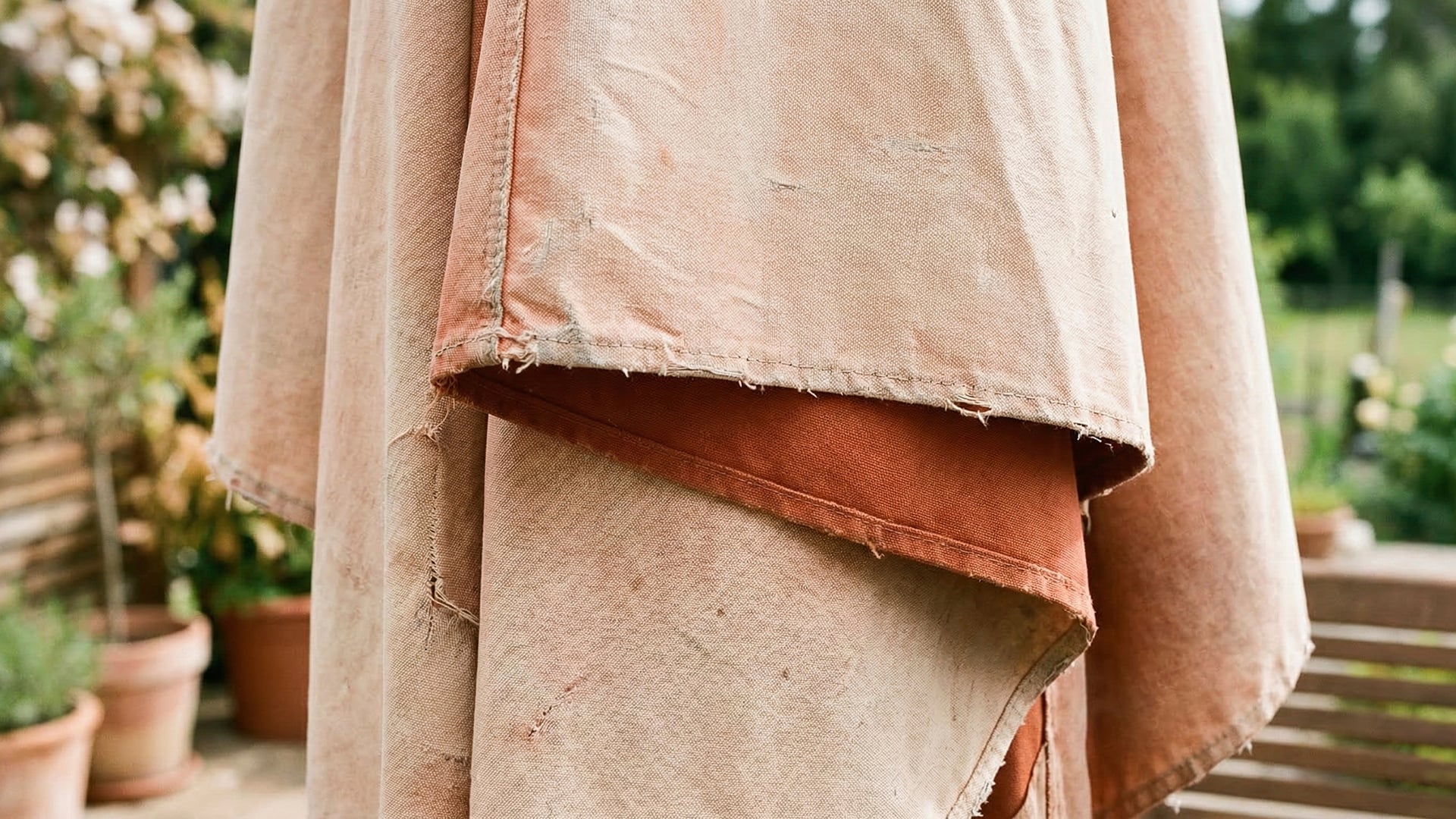 Worn California Umbrella patio umbrella with faded fabric and frayed edges, a clear sign it may be time for replacement.