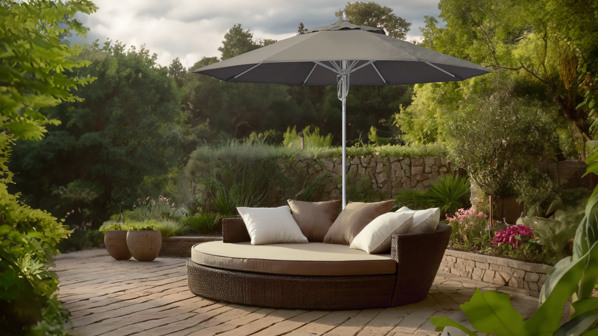 Newport Series Commercial Grade Patio Umbrella by California Umbrella featuring a Sunbrella Taupe canopy, shading a luxurious outdoor lounge area with a wicker daybed, surrounded by lush greenery and a stone garden wall.