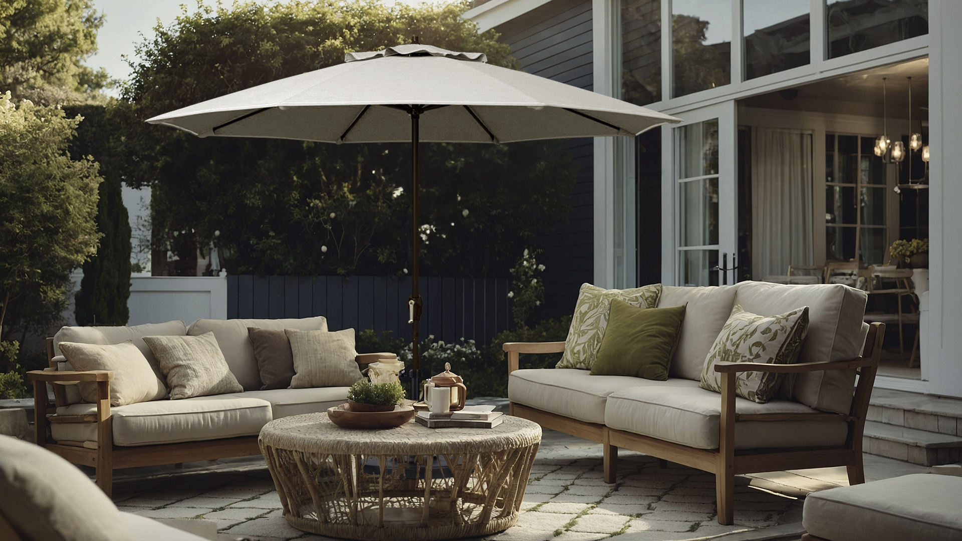 A black and white Pagoda Series umbrella from California Umbrella provides shade over a stylish outdoor dining area, creating an elegant setting by the pool.