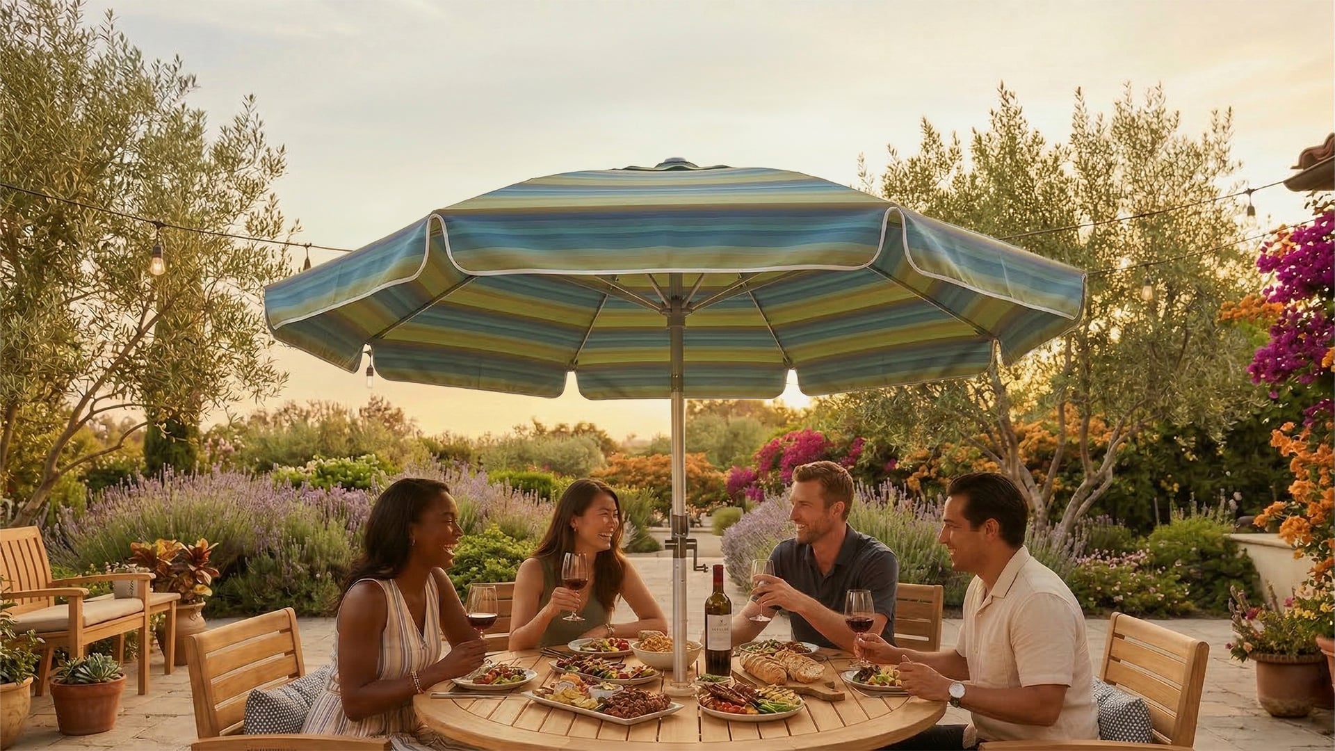California Umbrella patio umbrella over an outdoor dining table, creating shade for entertaining in a landscaped backyard.