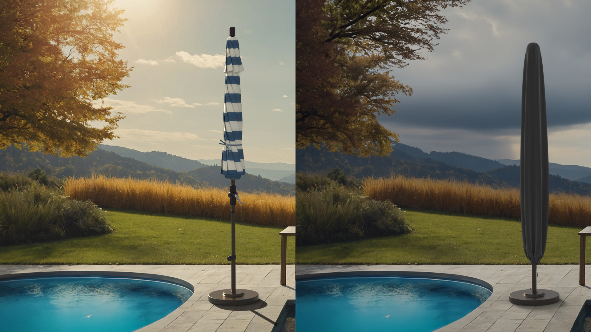 Comparison of two California Umbrella patio setups featuring a Sunbrella fabric umbrella. On the left, the umbrella is neatly folded in bright blue and white stripes, while on the right, the same umbrella is covered with a protective cover, ready to withstand fall weather.