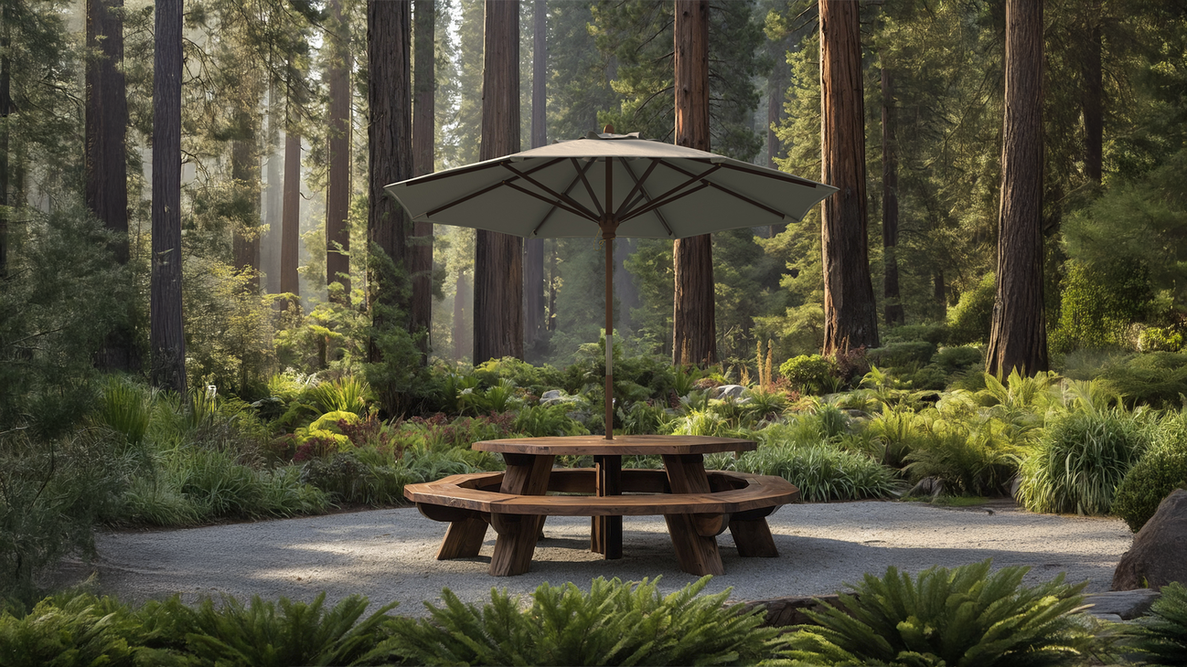 Round wooden picnic table shaded by a Grove Series patio umbrella, set amidst a serene forest of towering redwoods and lush greenery.