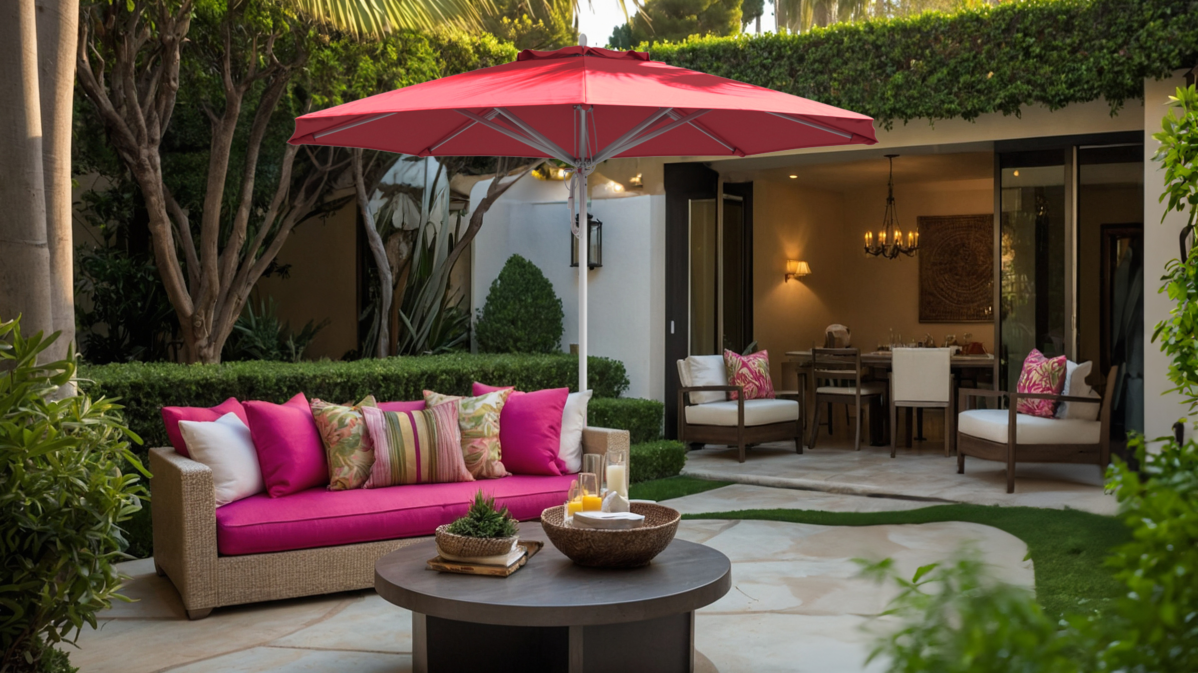 California Umbrella Rodeo Series umbrella with a Sunbrella Hot Pink canopy, elegantly shading a stylish outdoor lounge area with vibrant pink cushions and a cozy seating arrangement.