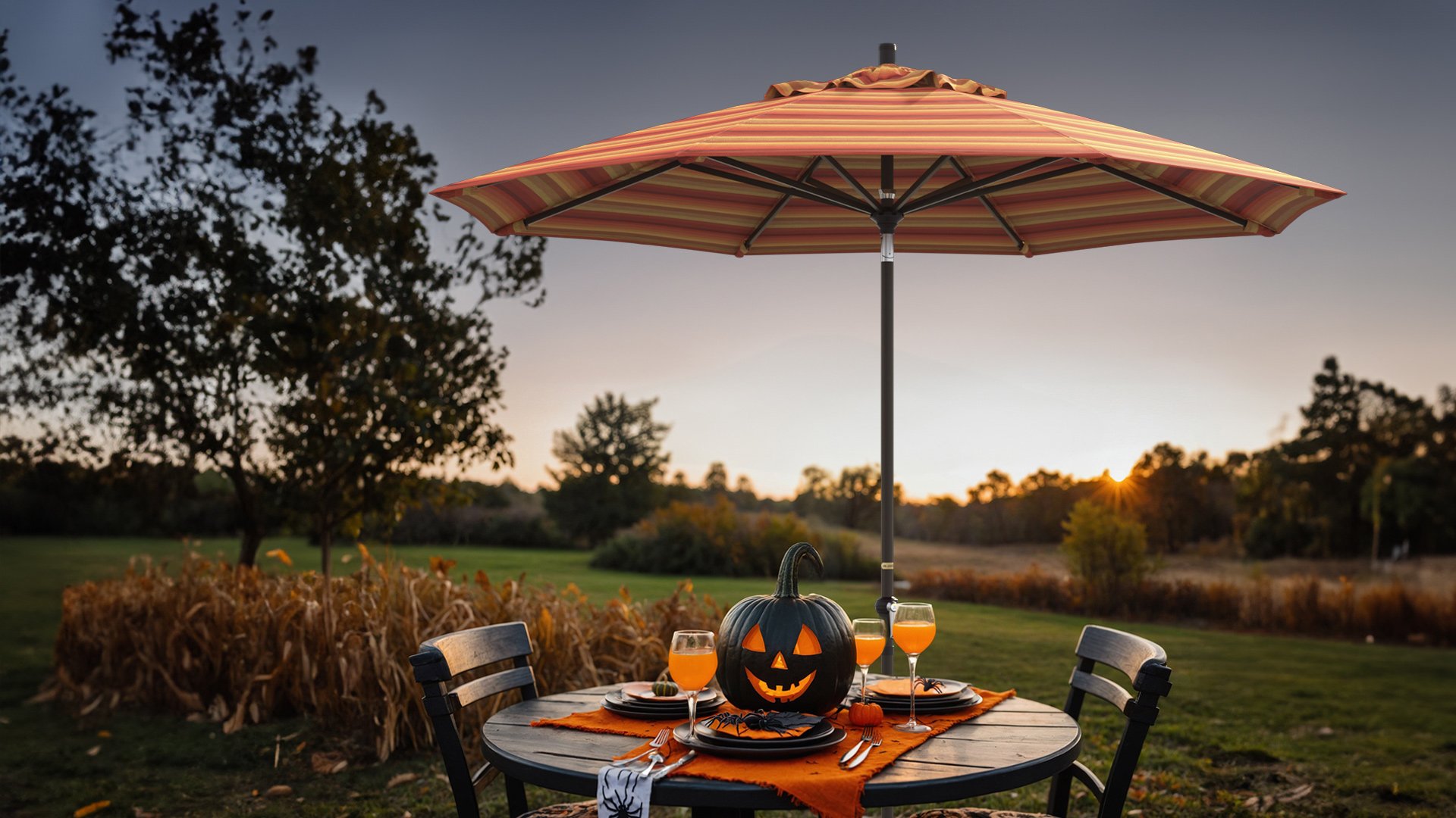 Outdoor Halloween table setup featuring a California Umbrella Sunset Series with Sunbrella fabric in warm autumnal stripes, shading a spooky dinner scene with a carved jack-o'-lantern centerpiece, festive drinks, and eerie decor, set against a sunset-lit backdrop.