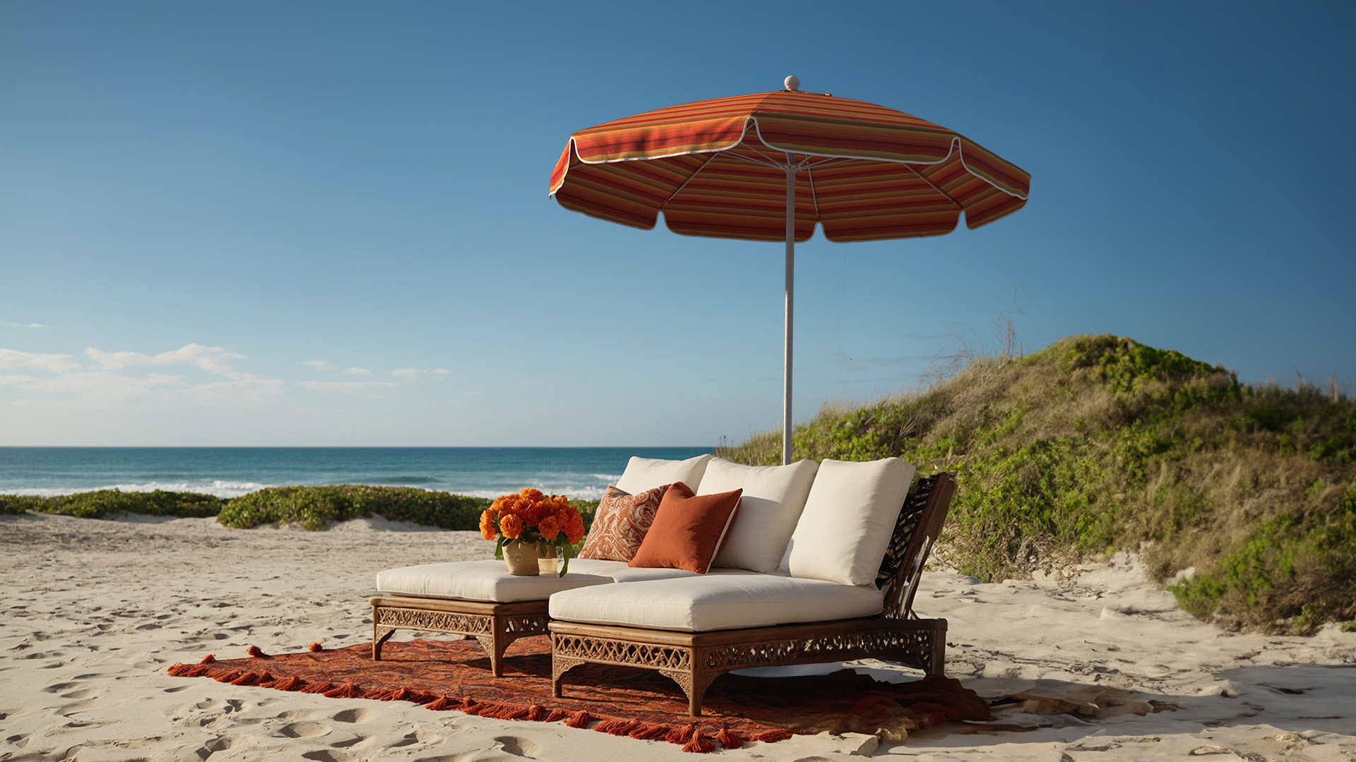 Orange striped Sunbrella Coast Series umbrella by California Umbrella shading a cozy beach setup with lounge chairs, pillows, and vibrant orange flowers, creating a relaxing coastal retreat.